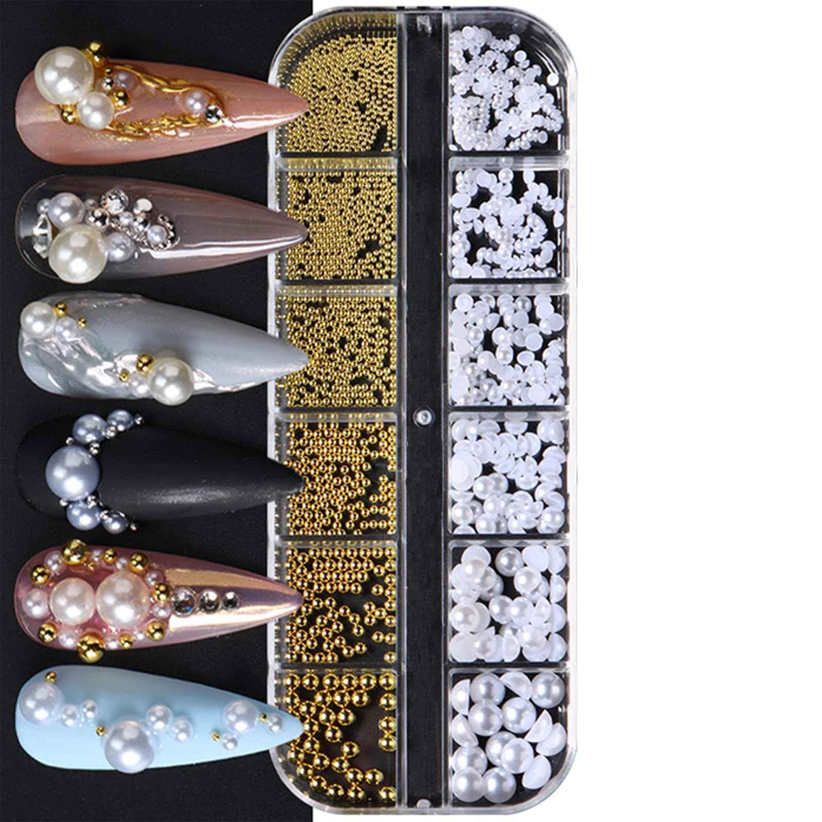 1 Box Gold Caviar Beads for Nails Charms Half Round Pearl Nail Charms Nail Jewels for Nail Art Kit,Small Stainless Steel Bead White Pearl Bead Flat Back Pearls for Crafting Charms for Nails Design