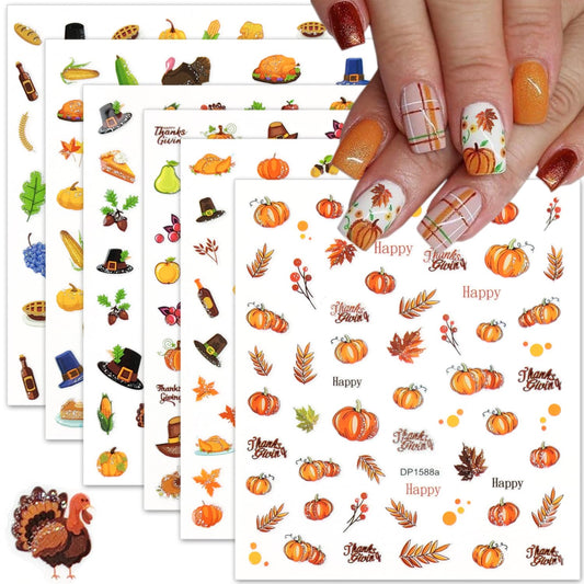 6 Sheets Fall Nail Art Stickers 3D Thanksgiving Pumpkins Nail Decals Glitter Design Turkey Maple Leaves Nail Stickers Self-Adhesive Autumn Nail Supplies for Women DIY Holiday Manicure Accessories