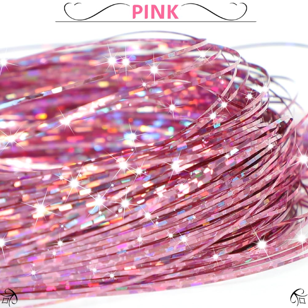 USHUIUS Hair Tinsel Kit With Tools Pink Tinsel Hair Extensions 6Pcs 1200 Strands Fairy Hair Tinsel Heat Resistant Glitter Hair Extensions Sparkling Shiny Hair Tensile for Women Girls Kids (Pink 6Pcs)