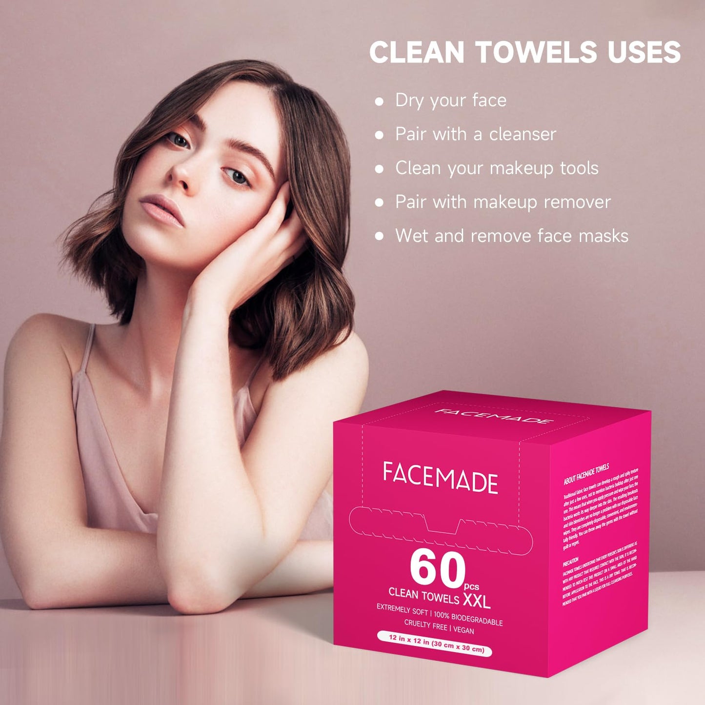 FACEMADE 60 Ct Disposable Face Towels XXL, Face Towelettes for Makeup and Clean, Super Soft and Thick Dry Wipes, USDA Certified 100% Biobased, Rose