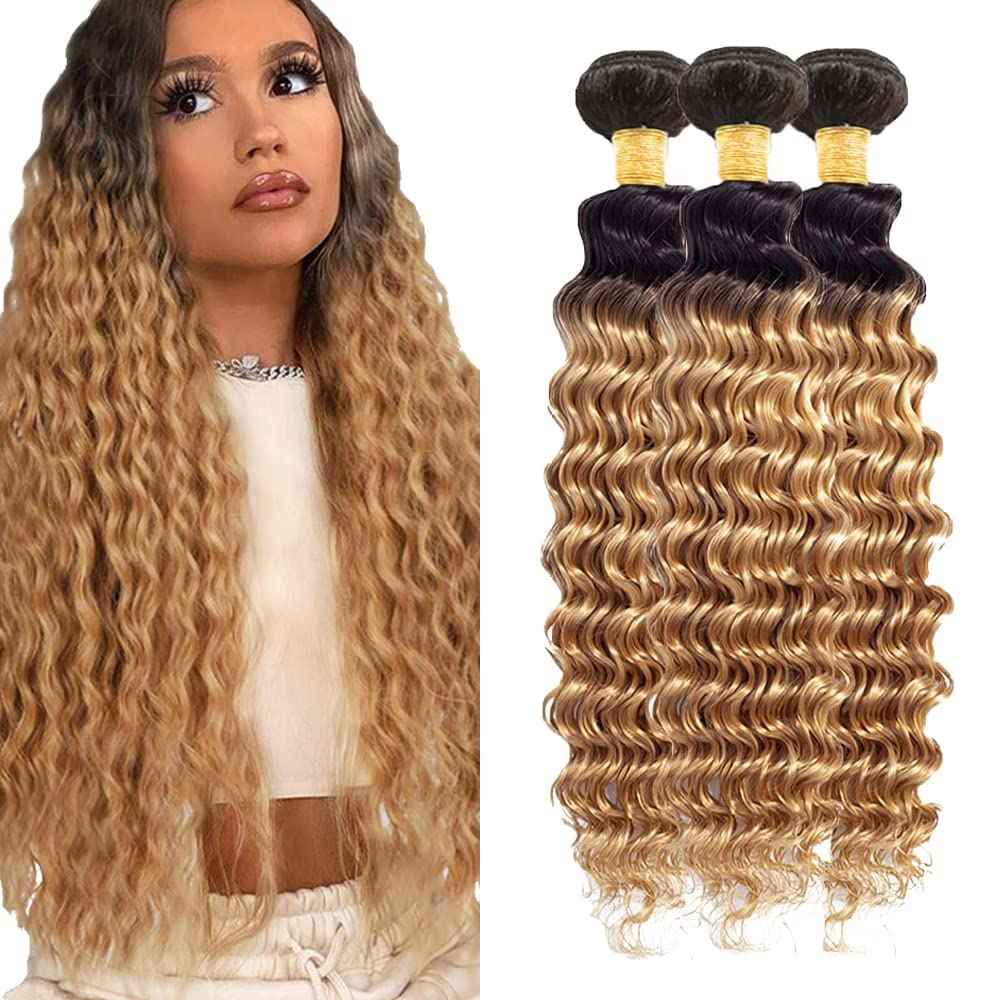 Freiuoke 1B27 Bundle Human Hair Ombre Deep Wave Bundles Color 27 Bundle 18 20 22 Inch Brazilian Virgin Remy Hair 3 Bundles