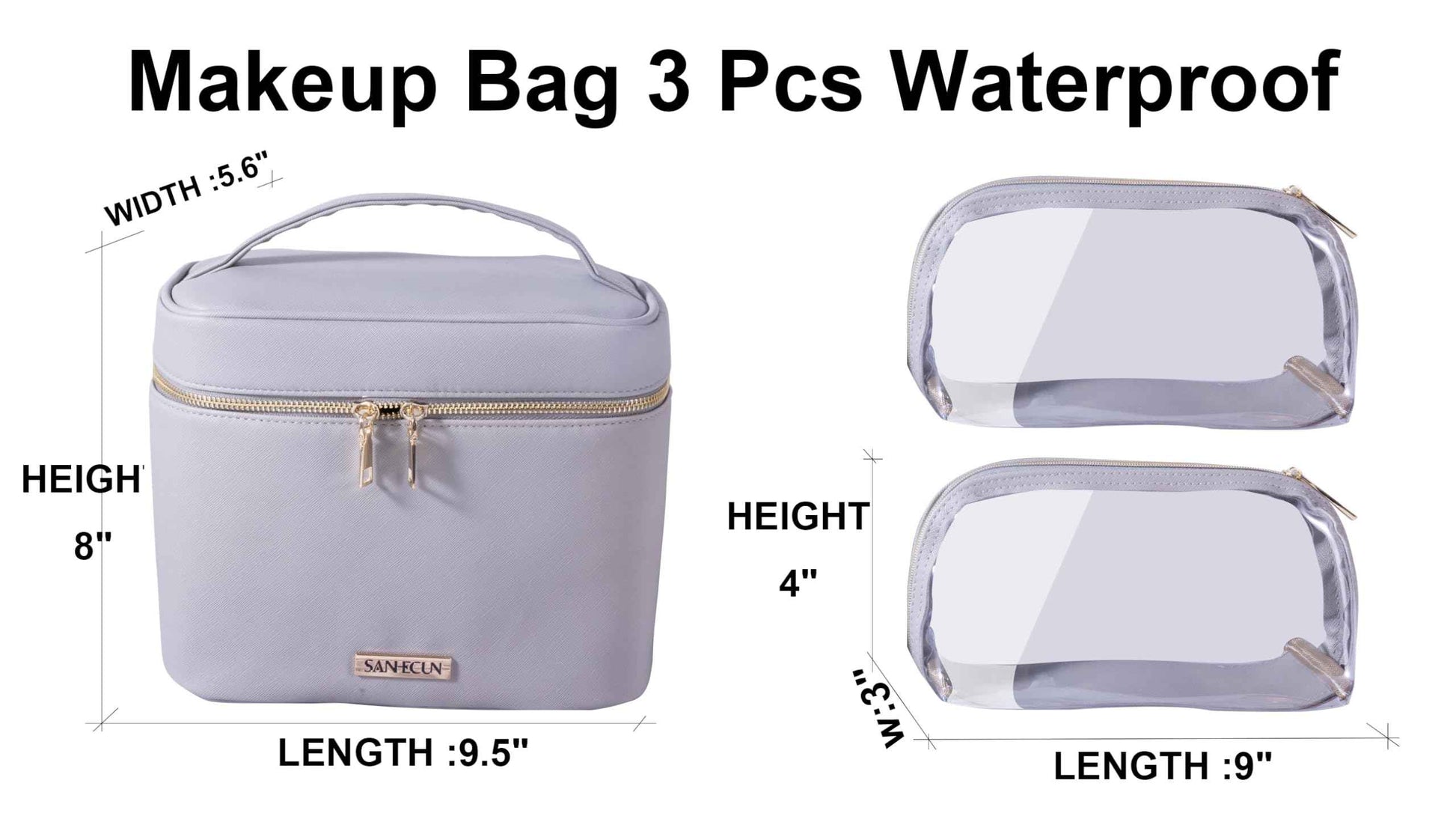 SANHECUN Travel Cosmetic Makeup Essentials Bag case Brush Case Wash Bag Cosmetic Pouch 3 Pcs Set Organization (3, Grey)