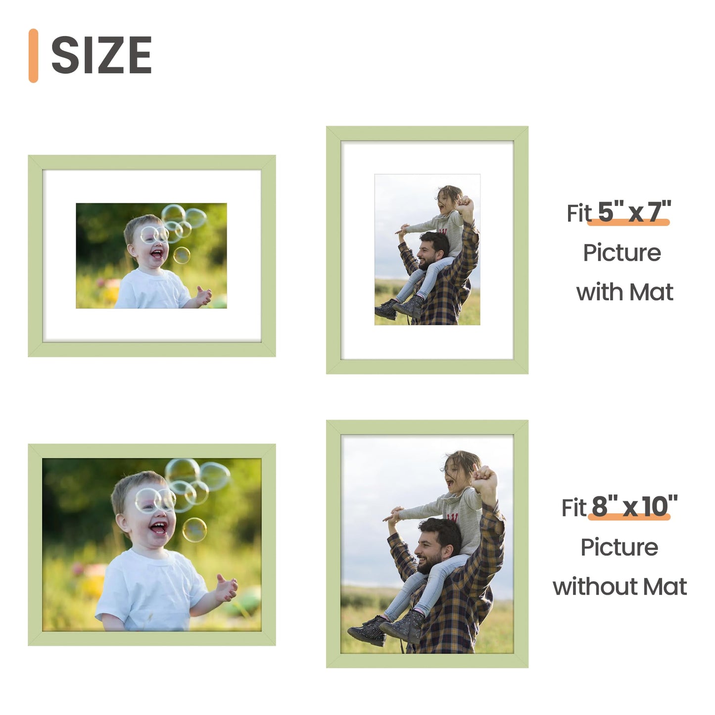 upsimples 8x10 Picture Frame, Display Pictures 5x7 with Mat or 8x10 Without Mat, Wall Hanging Photo Frame, Green, 1 Pack