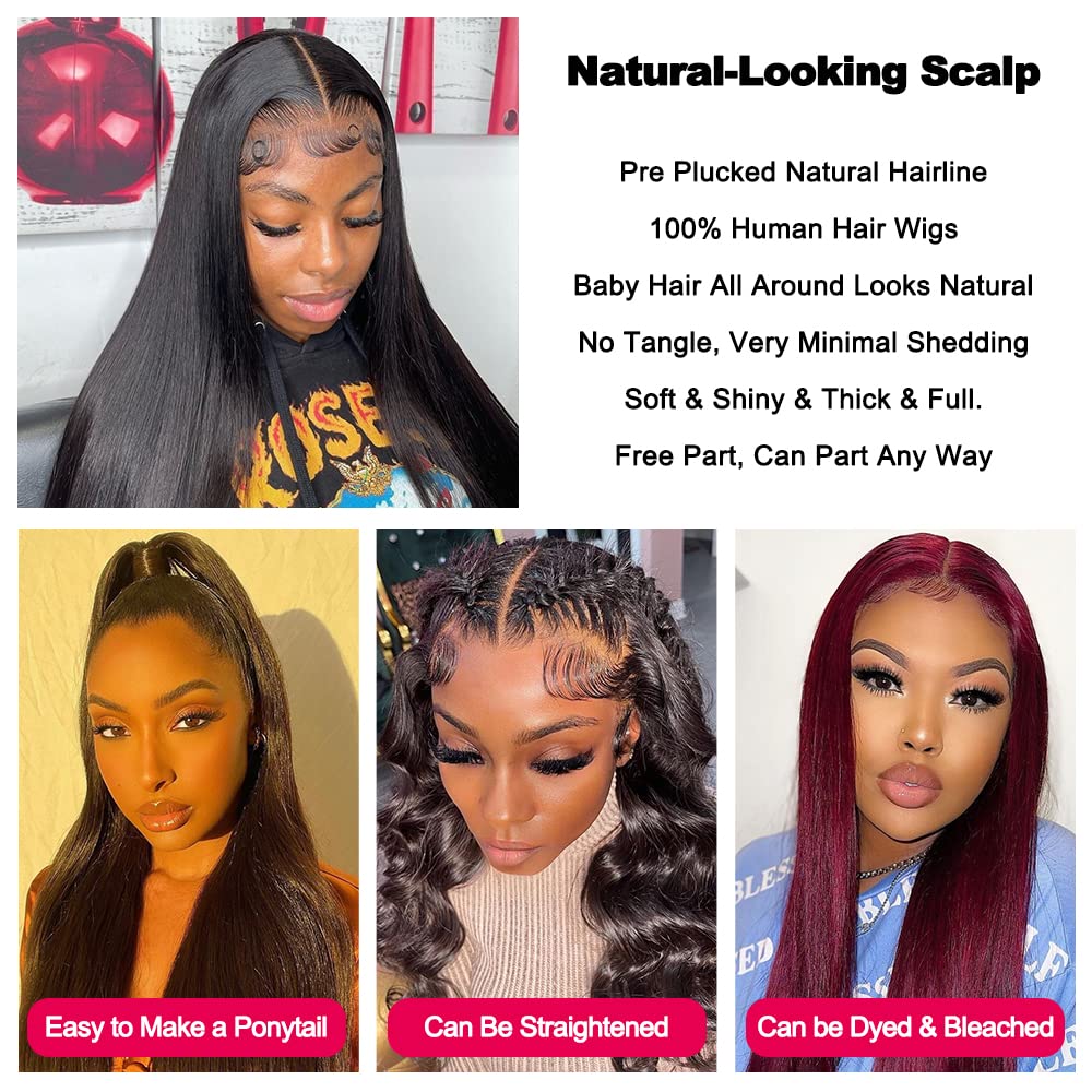 mengkai 30 Inch Straight Lace Front Wigs Human Hair Pre Plucked Bleached Knots 13x4 HD Lace Front Wigs Human Hair 180% Density Lace Frontal Wigs Human Hair with Baby Hair Hairline Glueless Wigs