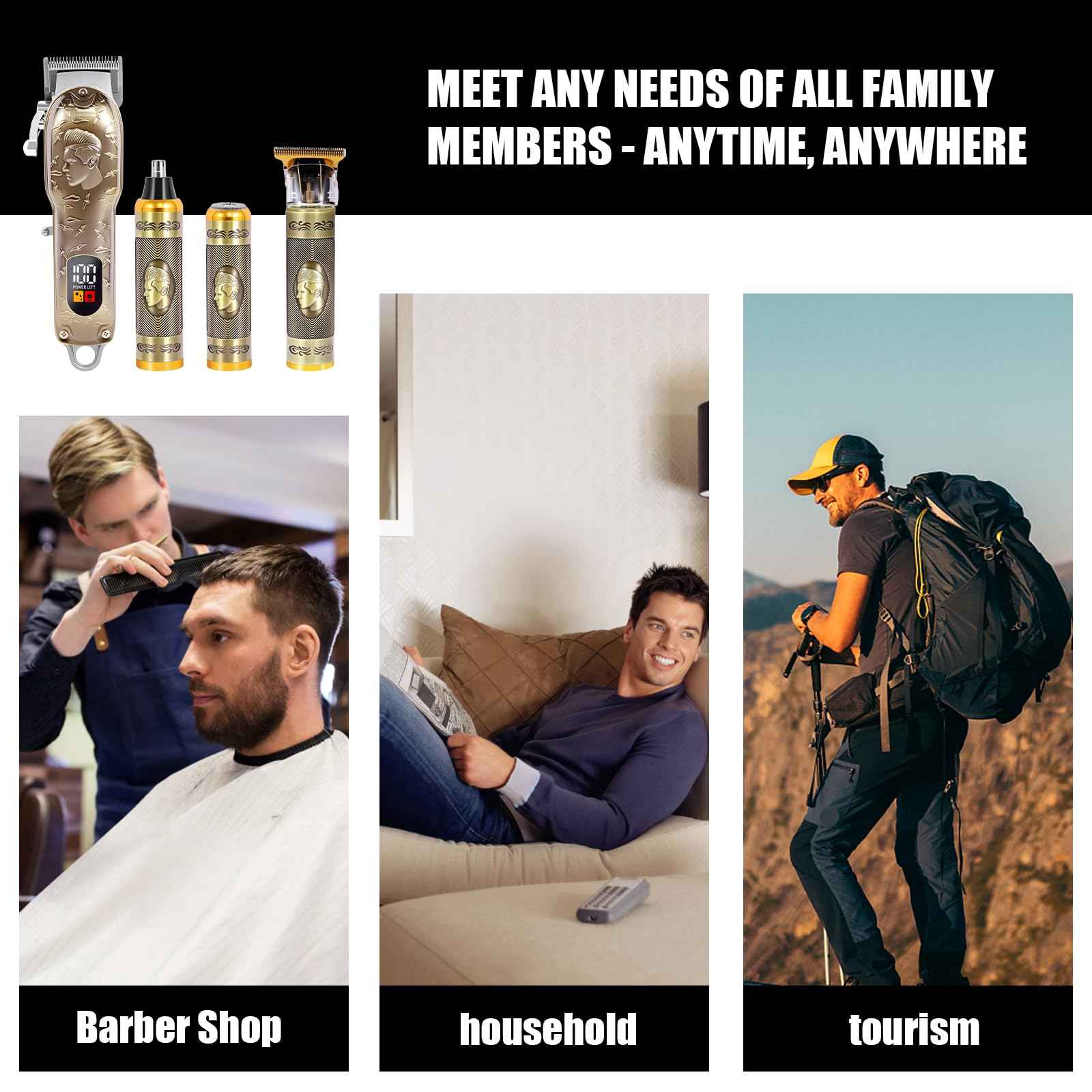 Professional Hair Clipper Set Men's Cordless Hair Clipper T-Shaped Blade Beard Trimmer Nose Hair Trimmer Electric Shaver Rechargeable Professional Hair Trimmer Set (Bronze)