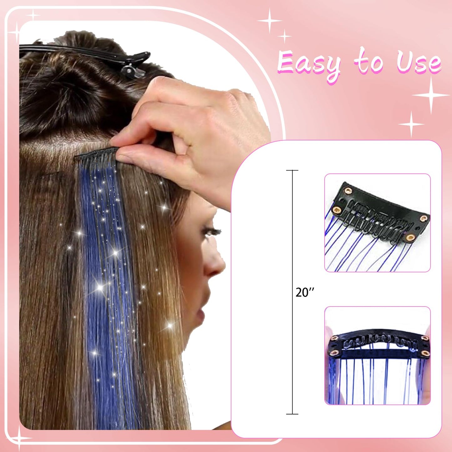 Bordedor 6Pcs Hair Tinsel Clip in 20 Inch Tinsel, Hair Extensions Clip in Hair Tinsel Kit Heat Resistant Shiny Sparkle Glitter Hair Extensions Fairy Hair Accessories for Women Girls Kids (Rainbow)