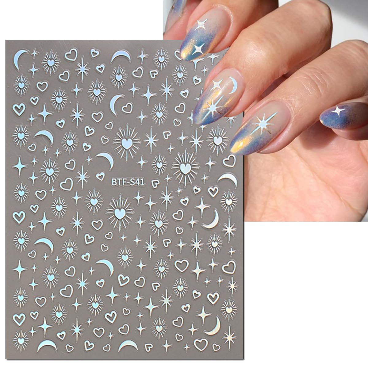 6 Sheets Stars Sun Moon Nail Stickers DIY Self-Adhesive Pegatinas Uñas Gold Silver Laser Starlight Moon Star Nail Art Designs for Women Acrylic Nail Decoration Accessories