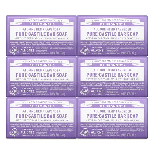 Dr. Bronner's - Pure-Castile Bar Soap (Lavender, 5 ounce, 6-Pack) - Made with Organic Oils, For Face, Body and Hair, Gentle and Moisturizing, Biodegradable, Vegan, Cruelty-free, Non-GMO