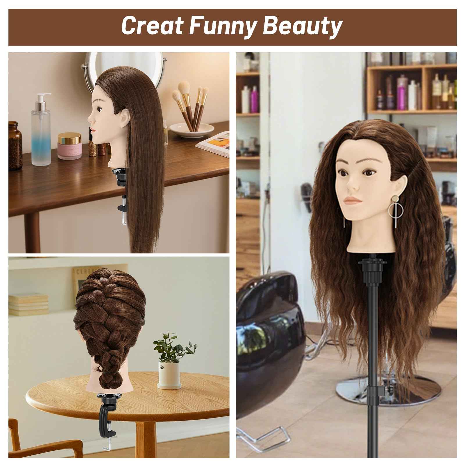 Yekavo Mannequin Head with 90% Human Hair, 24" Female Real Hair Cosmetology Mannequin Head Hair Styling Manikin Head Doll Head for Hairdresser Practice Training with Clamp Holder and Tools (Brown)