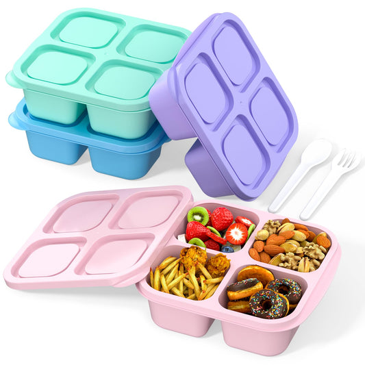 RGNEIN Bento Lunch Box for Kids (4 Pack) - 4-Compartment Salad Container for Lunch, Reusable BPA-Free Food Prep Containers, Snack Container for School, Work, and Travel (Solid Color)