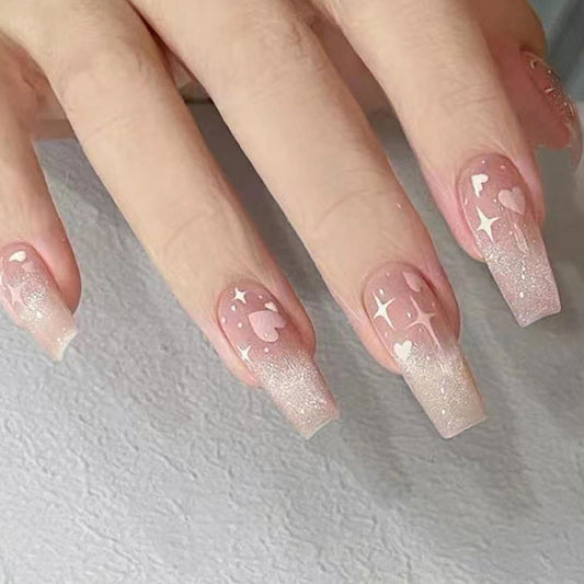 Valentines Nails Press on Nails Medium Coffin Fake Nails with Designs Heart Glitter Nail Tips Star Full Cover Acrylic Pink Nude False Nails Square Glue on Nails for Women and Girls Date Night 24Pcs