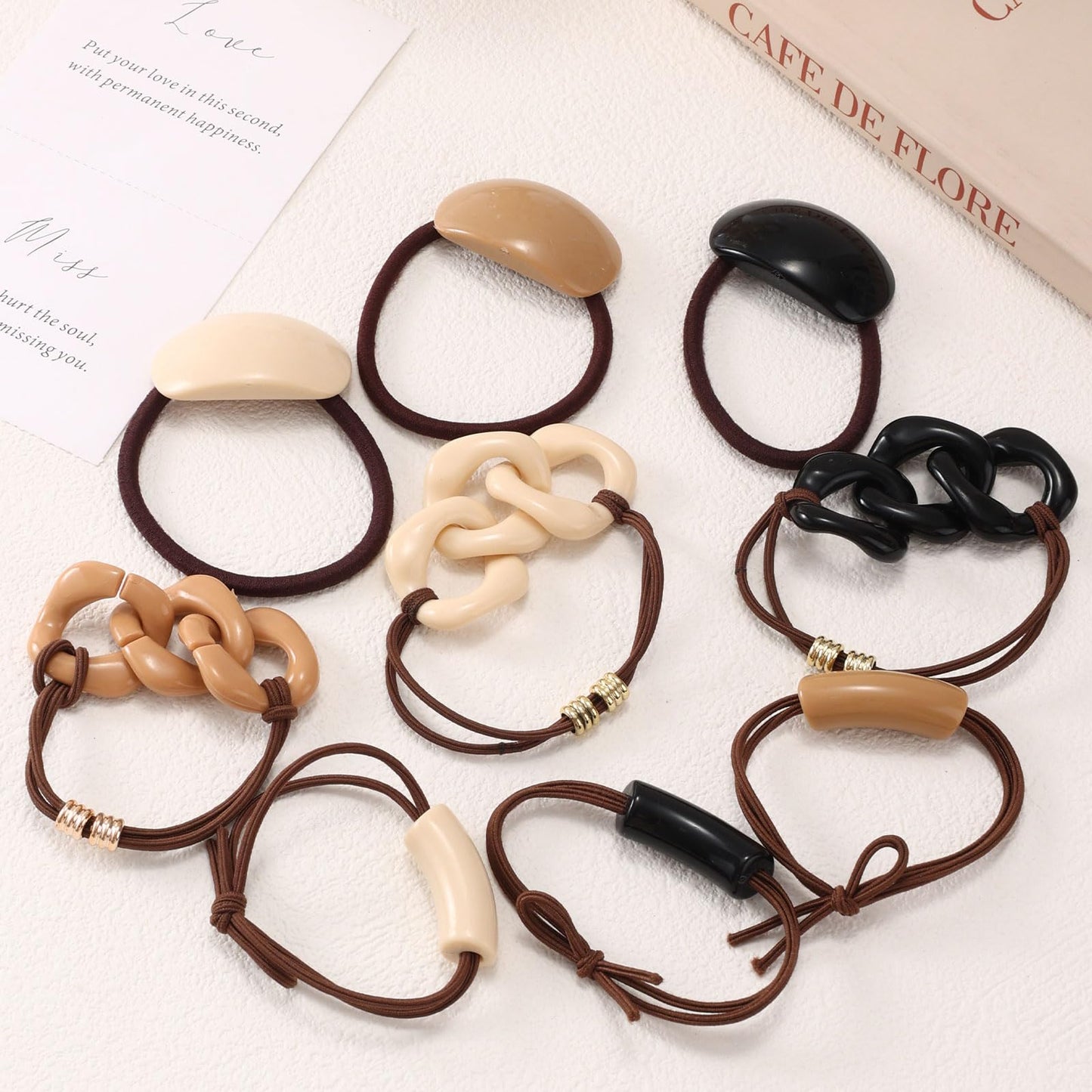 Hair Ties for Women,LYDZTION 9Pcs Elastics Hair Bands Geometric Chain Circular Decor Ponytail Holders for Thick Hair, No Damage No Crease Hair Elastics (Black/White/Coffee)