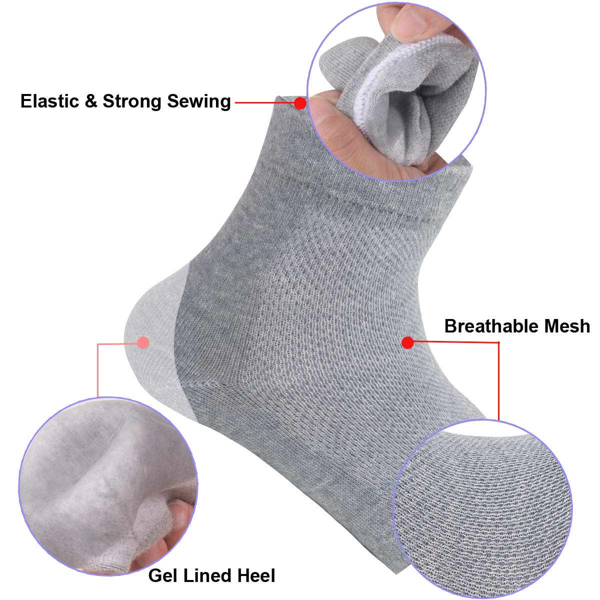 Vented Moisturizing Gel Heel Socks, 3 Pairs Toeless Spa Sock for Foot Care Treatment, Cracked Heels, Dry Feet, Foot Calluses (Grey)