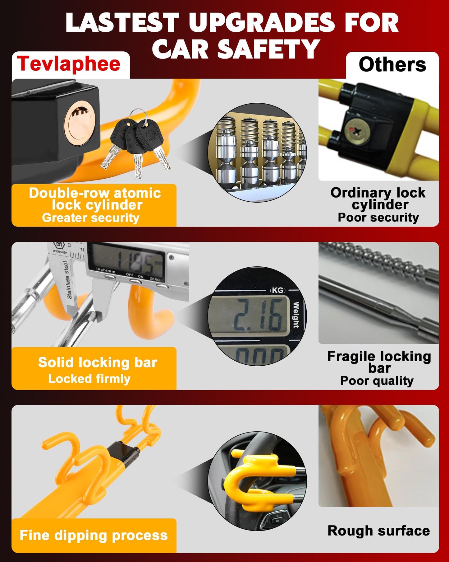 Tevlaphee Steering Wheel Lock - Heavy Duty Antitheft Device and Car Security Lock with Adjustable Locking and 3 Keys - Great Vehicle and Truck Deterrent (Yellow)