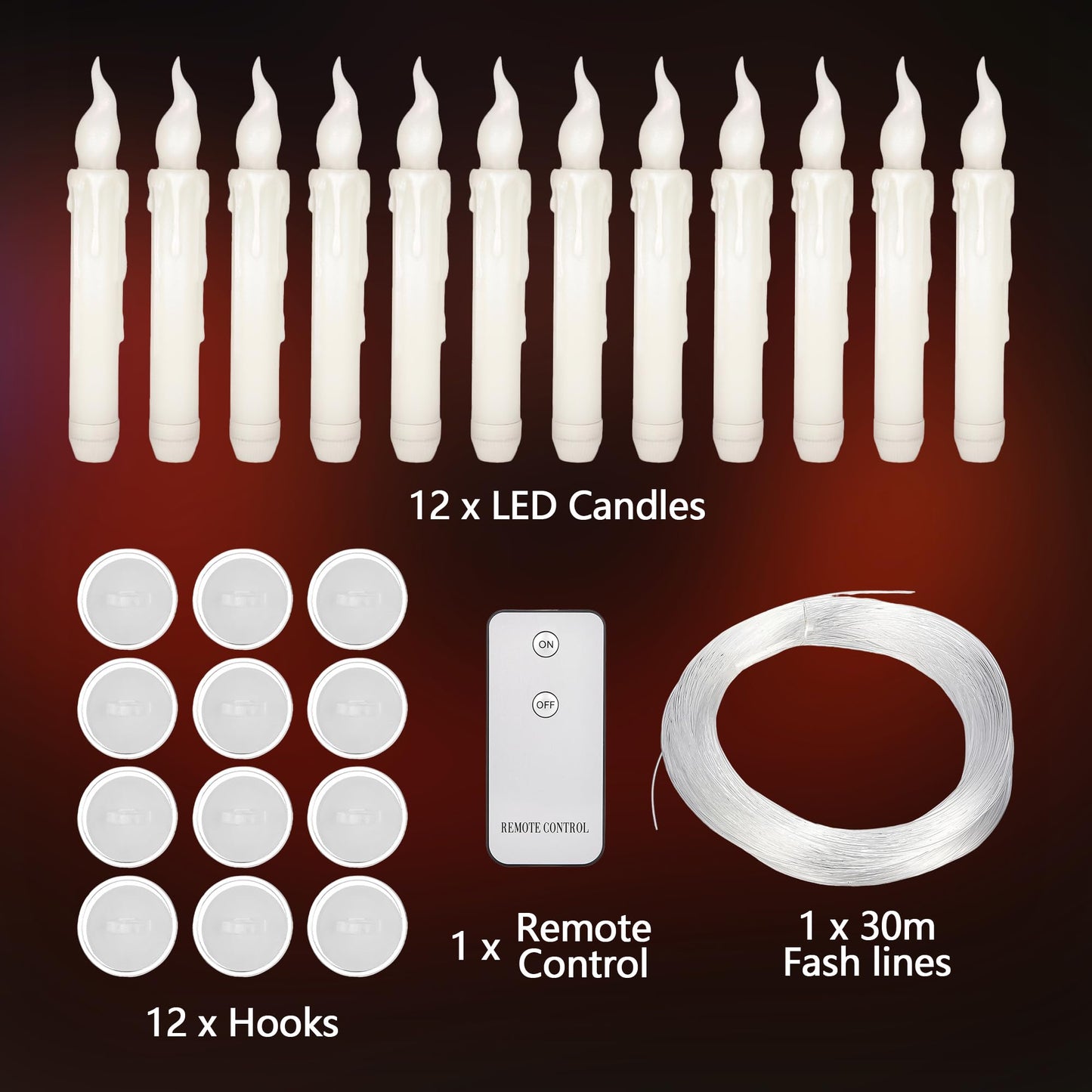 12Pack Floating LED Candles Set, Taper Flameless Candles with Remote Flickering Candles Hanging Decoration for Halloween Christmas Tree Party Home Decoration(12pcs White)