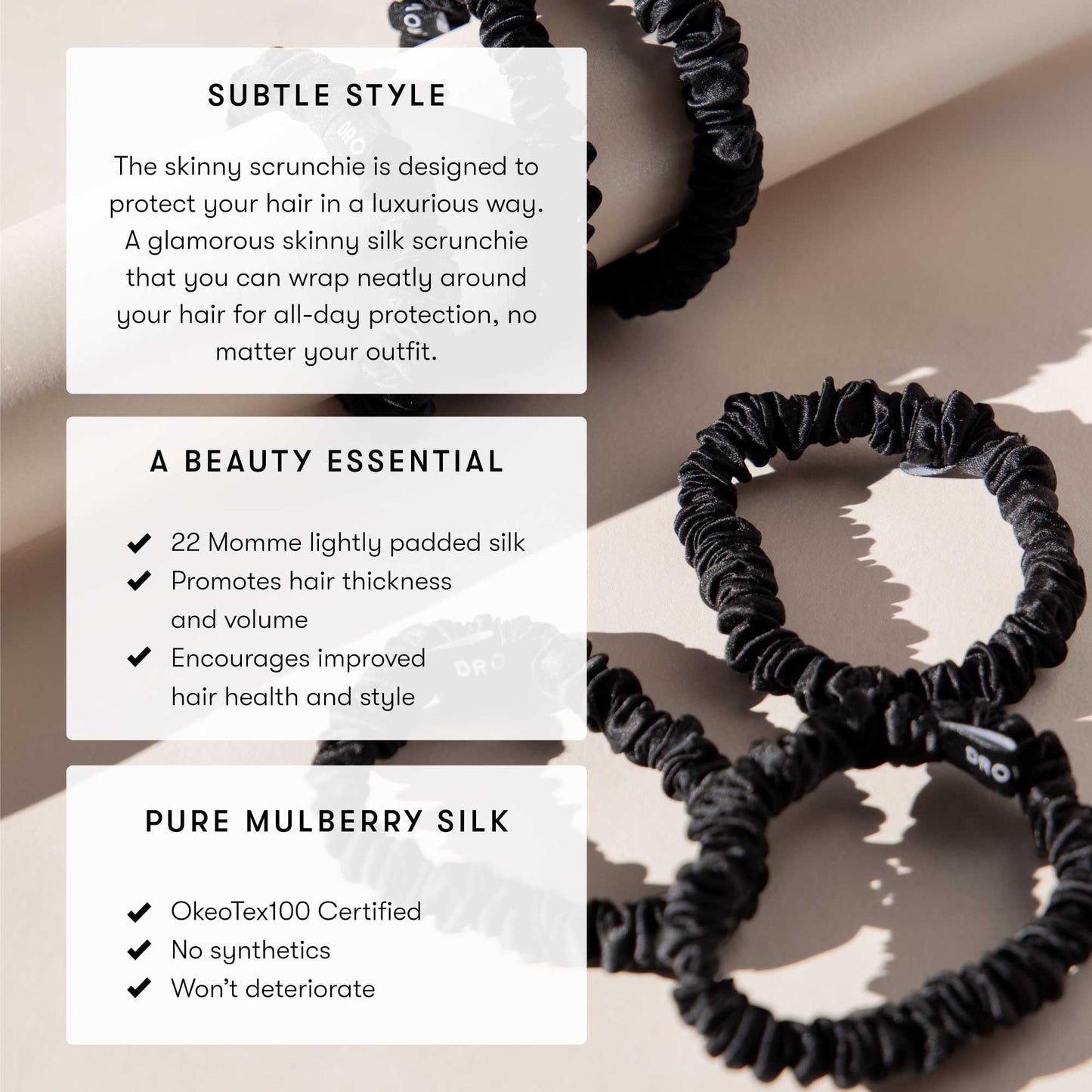 Drowsy Luxury Skinny Silk Scrunchies - Small Mulberry Silk Hair Scrunchies, No Damage Hair Ties to Protect Hair Health & Maintain Moisture - All Hair Types - Pack of 6 (Black Jade)