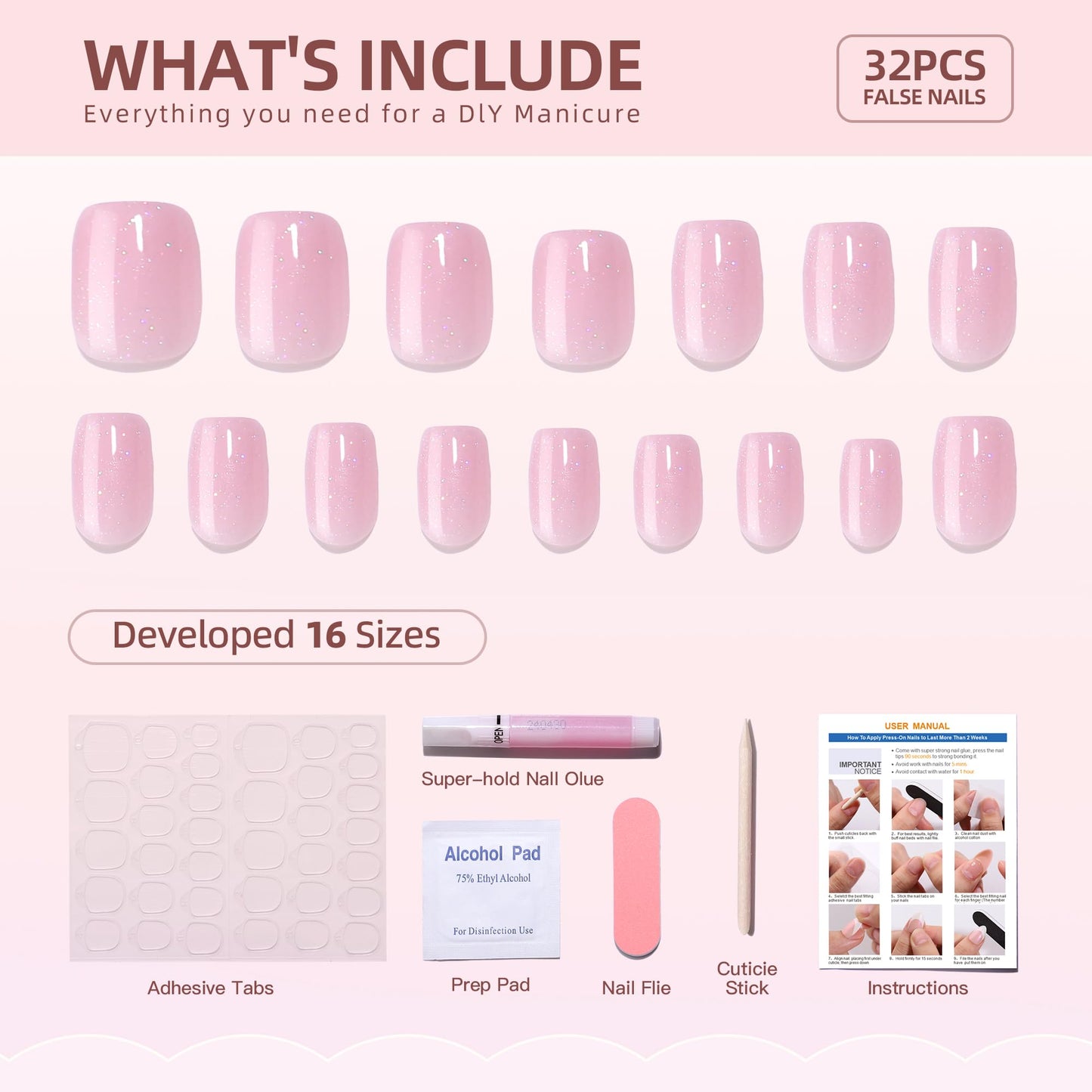 EIOAUY Short Press On Nails - 16Sizes 32Pcs Press on Nails Square for Women Gifts, Pink Glue On Nails, Fit Perfectly & Natural Reusable Stick On Nails in Soft Gel Kit