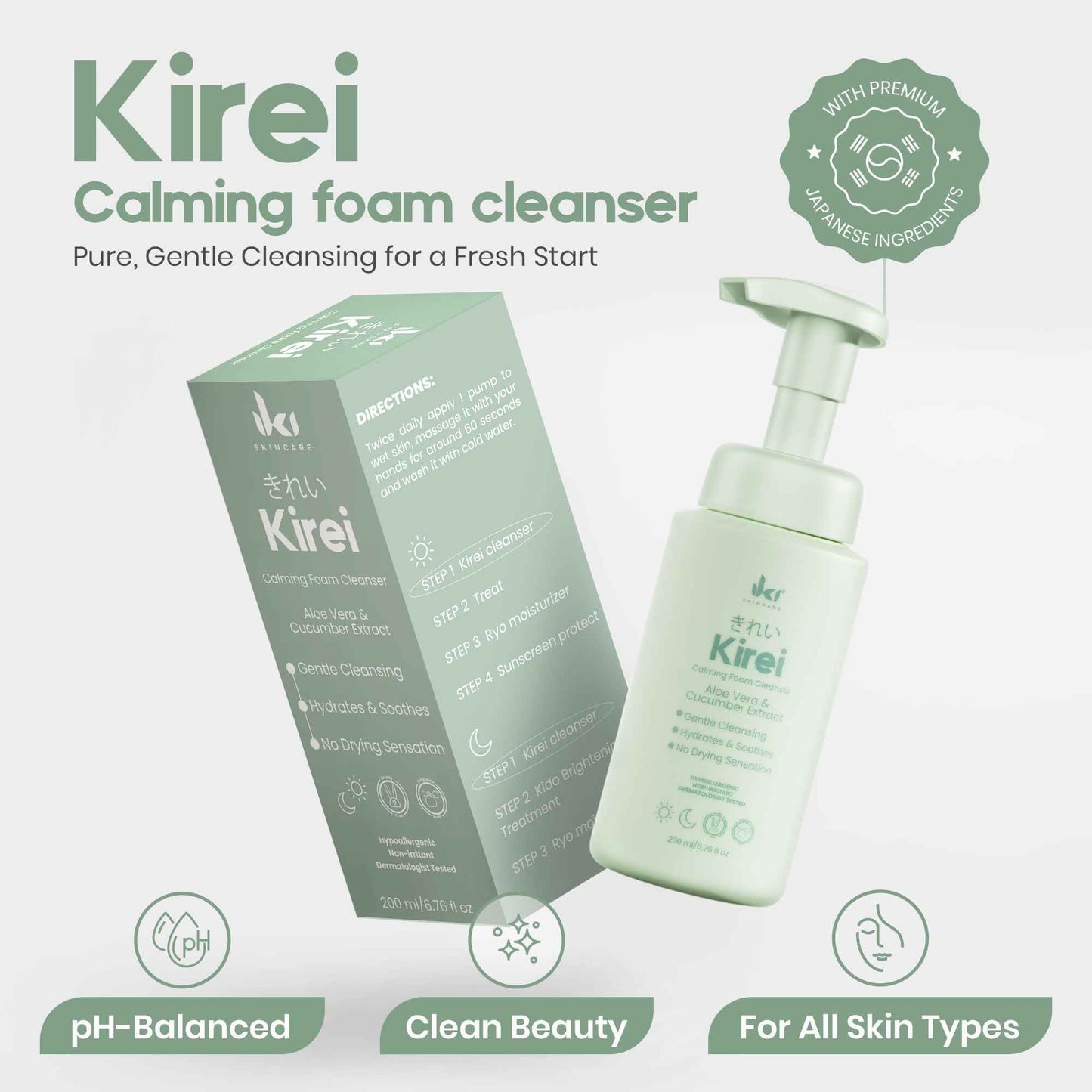 IKI Skincare - KIREI Foam Cleanser - Gentle Face Wash for Women with Aloe Vera & Cucumber Extract, Hydrating & Soothing, Dermatologically Tested, Suitable for Sensitive Skin, Paraben-Free