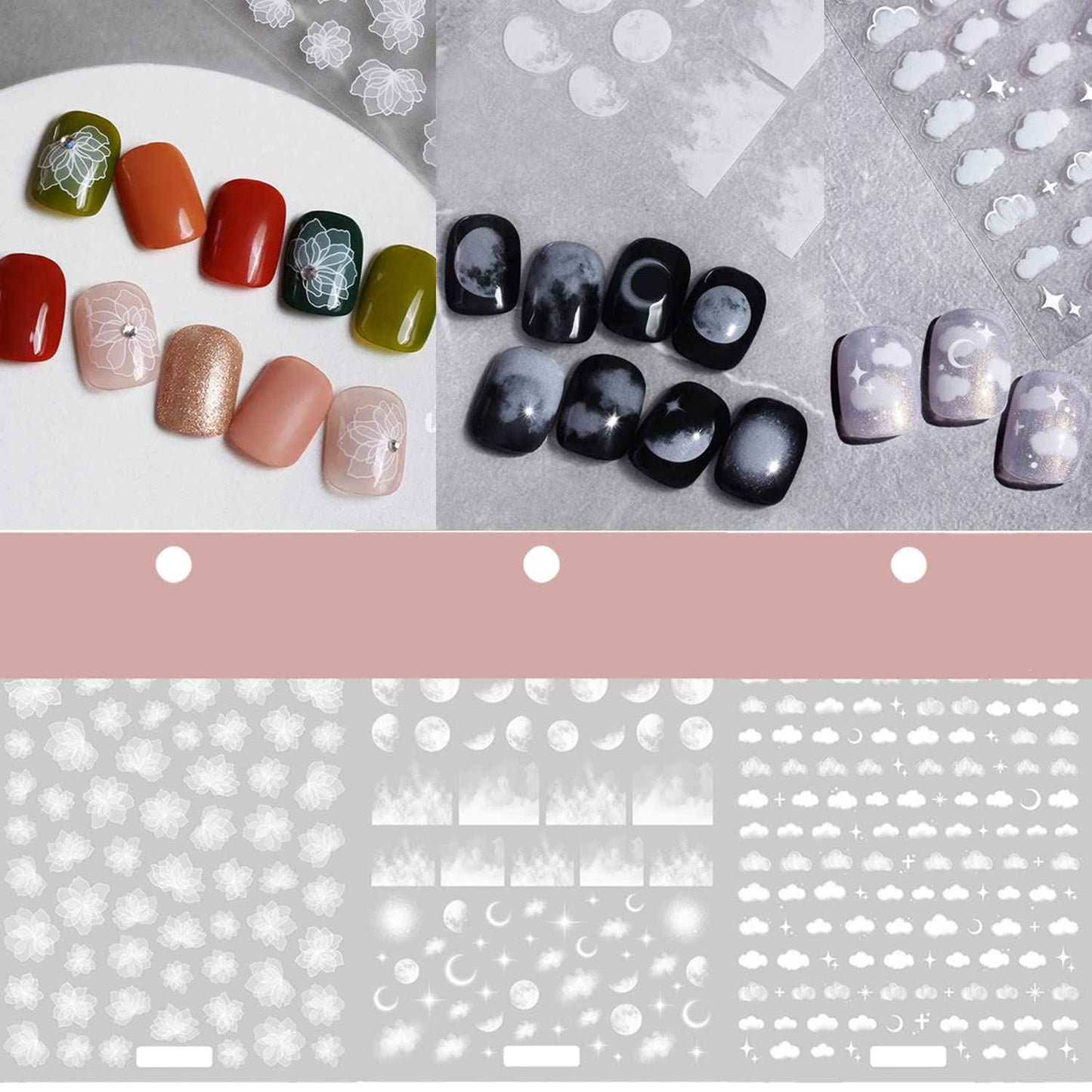 Night Sky Nail Art Sticker Decals 3D White Flowers Moon Star Cloud Pattern Nail Tips Semi Transparent Design Fashion Charm DIY Toenails Nail Tattoos for Women Girls Manicure Nail Decoration (3 sheets)