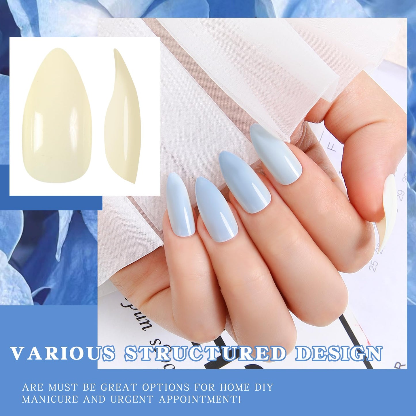 Color Changing Press on Nails Sun Actived Stiletto Tips Beige To Blue With Ultraviolet Light Pure Mood Change Fake Nails 24pcs