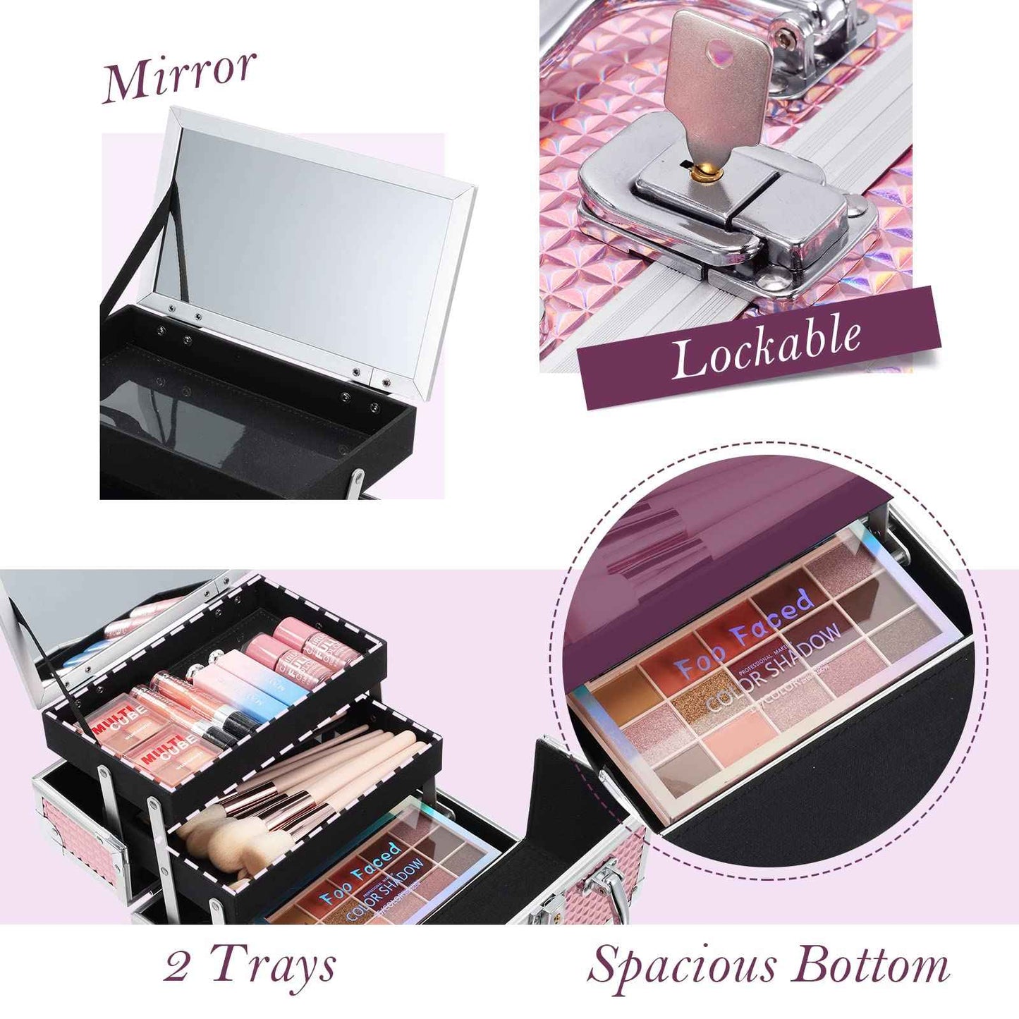 FRENESSA Makeup Train Case Makeup Box Organizer Portable Cosmetic Travel Case Makeup Case with Mirror Locking Make Up Cases Organizers and Storage for Nail Supplies Hard Cosmetic Box Shiny Pink