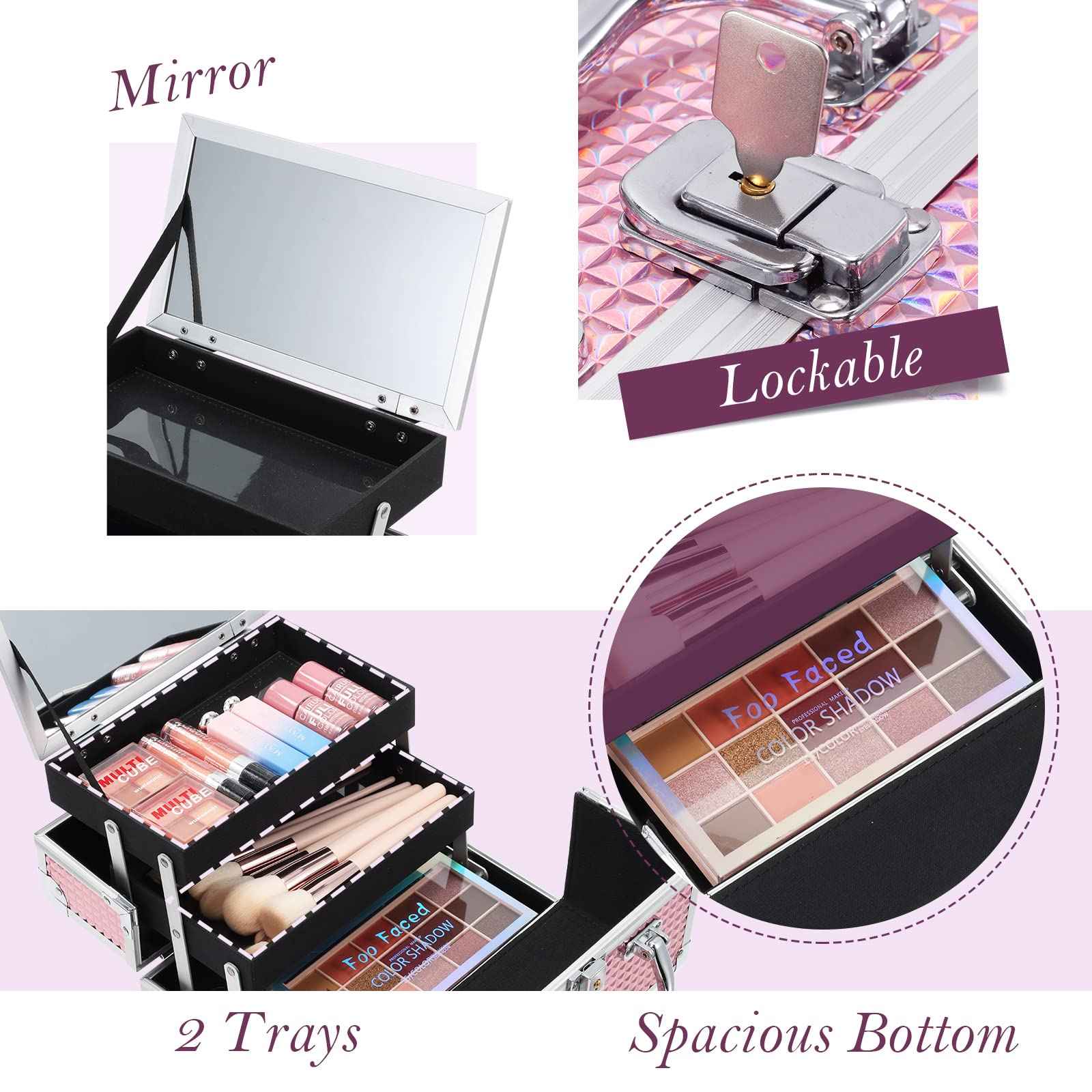 FRENESSA Makeup Train Case Makeup Box Organizer Portable Cosmetic Travel Case Makeup Case with Mirror Locking Make Up Cases Organizers and Storage for Nail Supplies Hard Cosmetic Box Shiny Pink