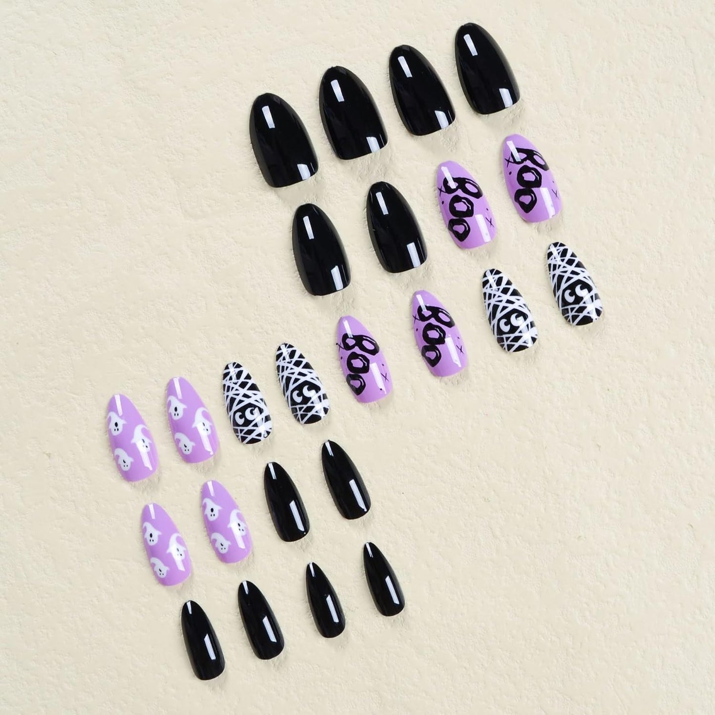 24Pcs Black Almonds Press on Nails Halloween Medium Ghost Fake Nails Glossy Glue on Nails White Bandage Artificial Nails Cartoon Fake Nails Acrylic Nails Halloween Nails False Nails for Women & Girls