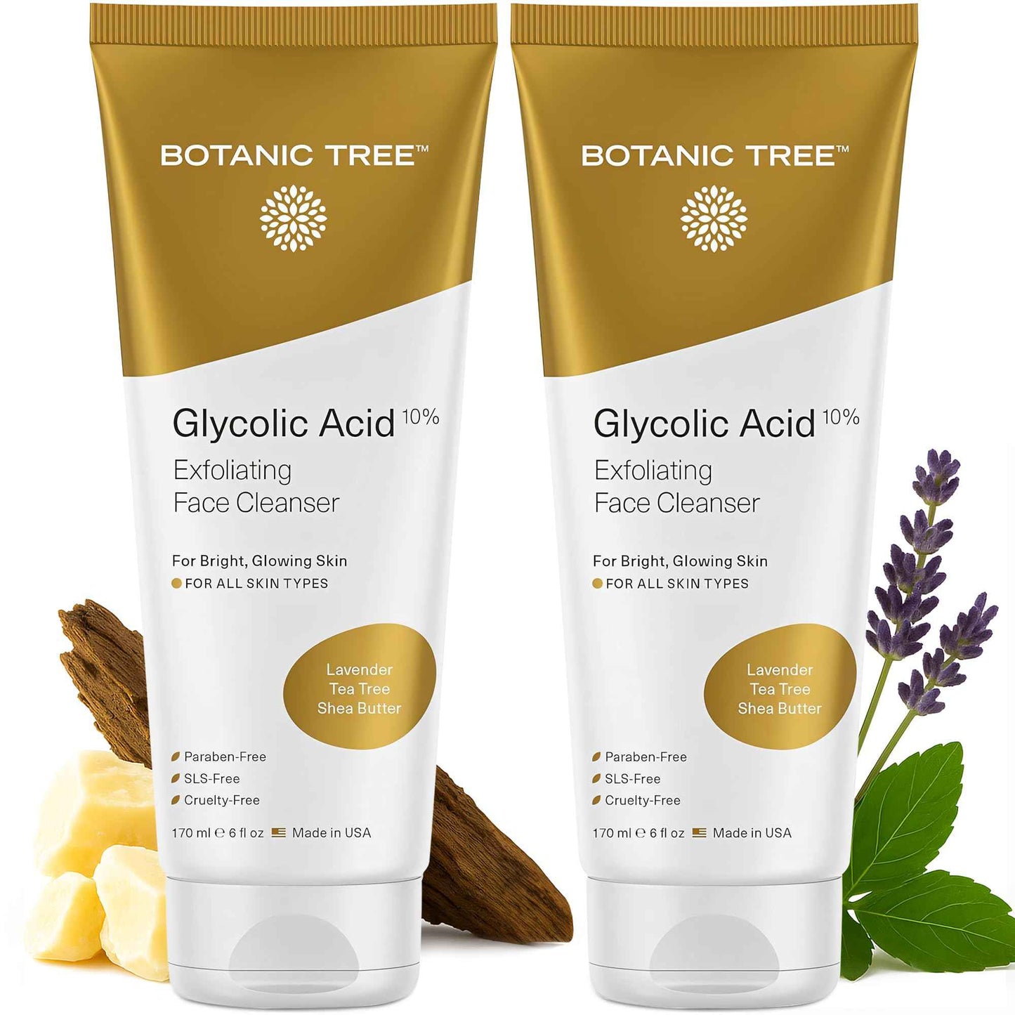 Botanic Tree Glycolic Acid Face Wash - Facial Cleanser For Skin Care, Treatment Scrub, 10% Glycolic and Salicylic Acid 6 fl. oz (2 pack)
