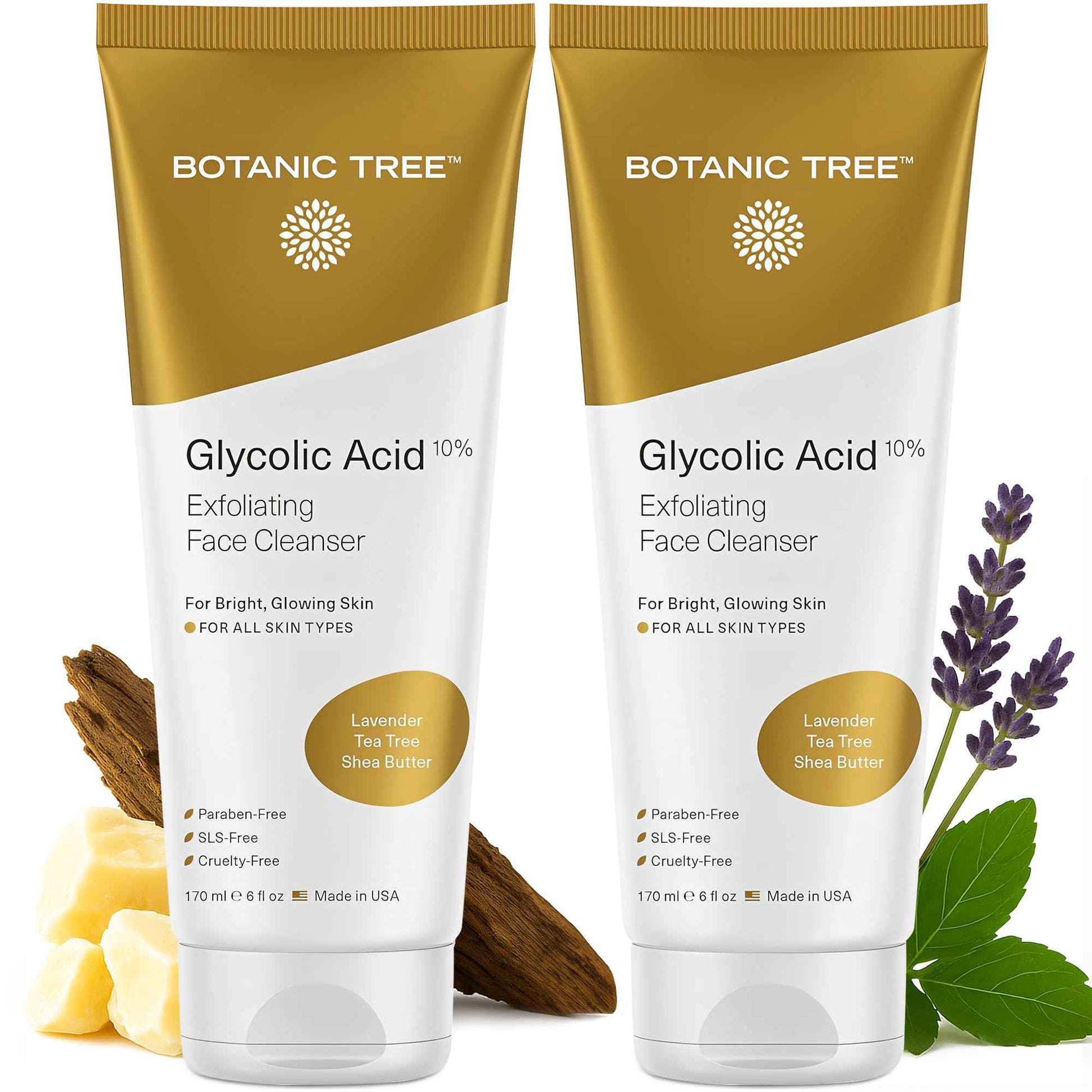 Botanic Tree Glycolic Acid Face Wash - Facial Cleanser For Skin Care, Treatment Scrub, 10% Glycolic and Salicylic Acid 6 fl. oz (2 pack)