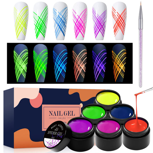 MEET ACROSS 6 Colors Luminous Spider Gel, Glow In The Dark Nail Art Drawing Gel for Line, Painting Elastic Drawing Spider Gel for Nail Art, Soak off UV LED Nail Gel, DIY Nail Art Manicure with Brushes