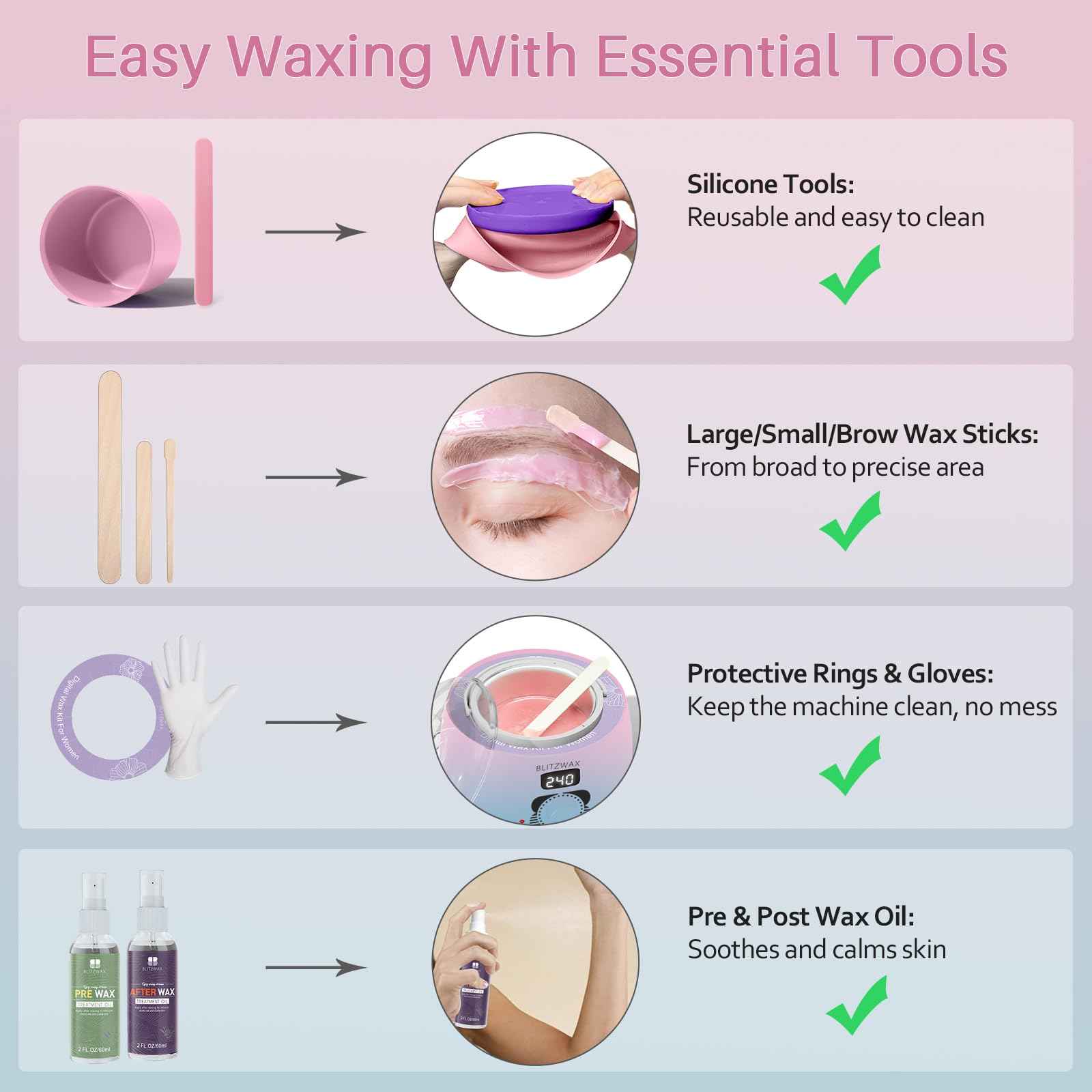 BLITZWAX Brazilian and Bikini Waxing Kit for Women, Hard Wax Warmer for Face, Legs and Body, At Home Hair Removal Kit, Beginner Friendly, Quick Heating, Pink and Blue Gradient Color