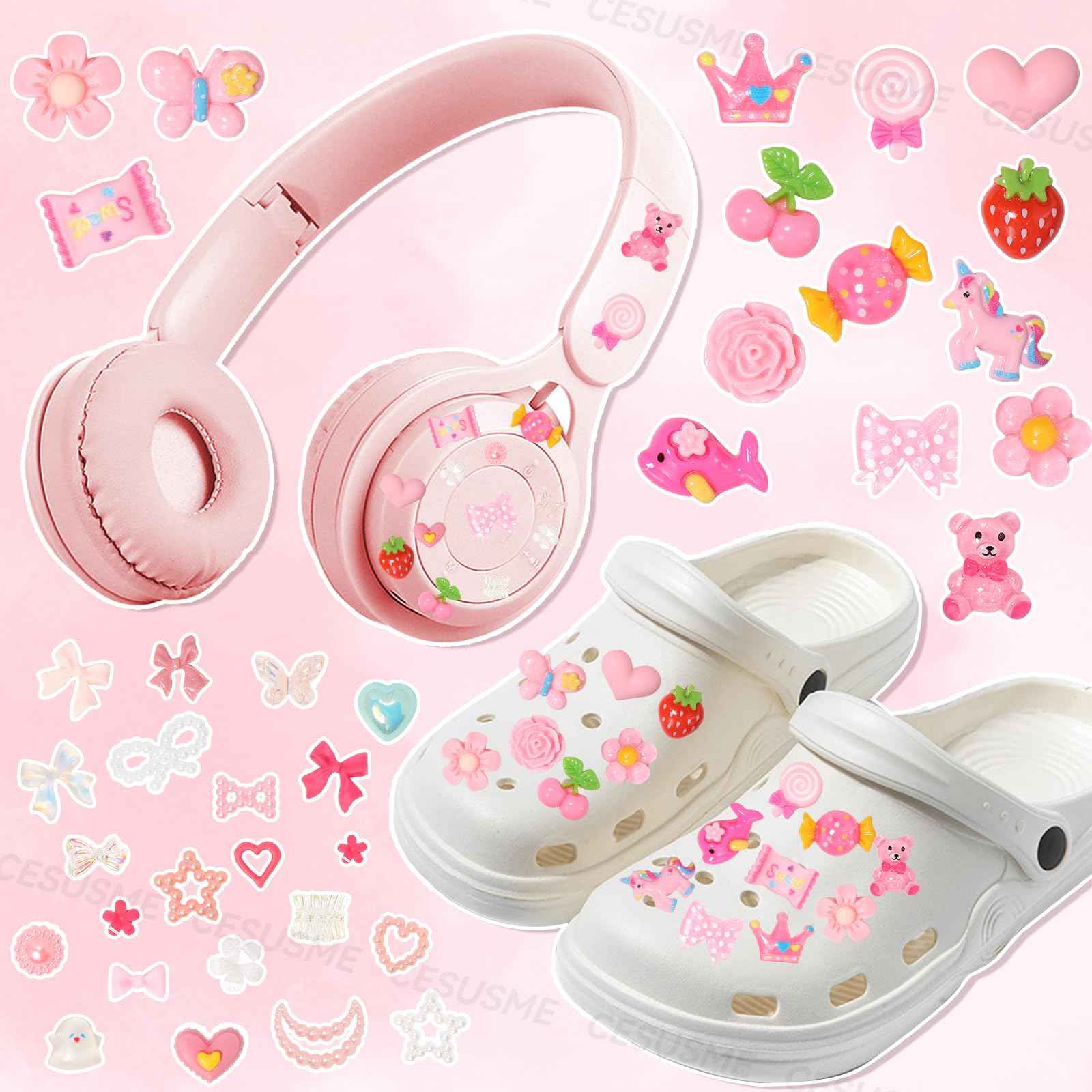 330 Pcs Junk Case Charm Kit, Bear Candy Cartoon Junk Phone Case Charm, Pink White Moon Star Pearls for Junk Cases, Flatback Resin Slime Charms for Nail Art Supplies Craft DIY