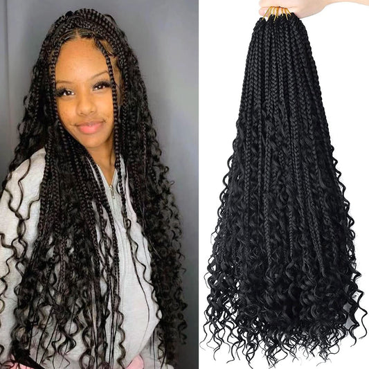 LMZIM 24 Inch 8 Packs Boho Box Braids Crochet Hair Bohemian Crochet Box Braids with Curly Ends Goddess Box Braids Synthetic Crochet Hair for Black Women (24inch, 1b)