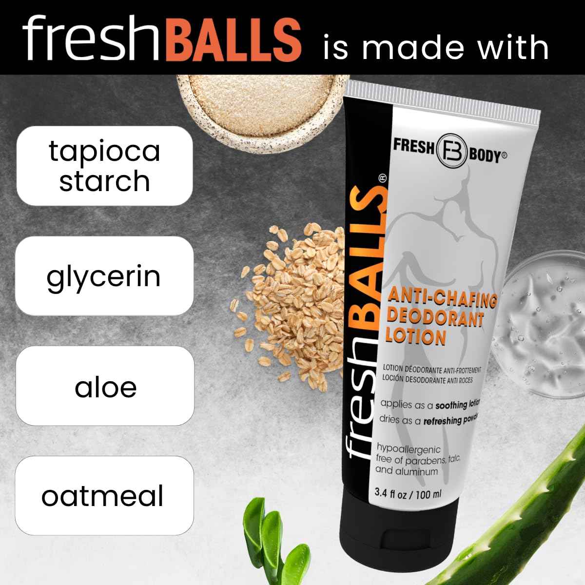 Fresh BALLS Lotion | Anti-Chafing Men's Soothing Cream to Powder Deodorant and Hygiene for Groin Area, 3.4 fl oz (Pack of 3)
