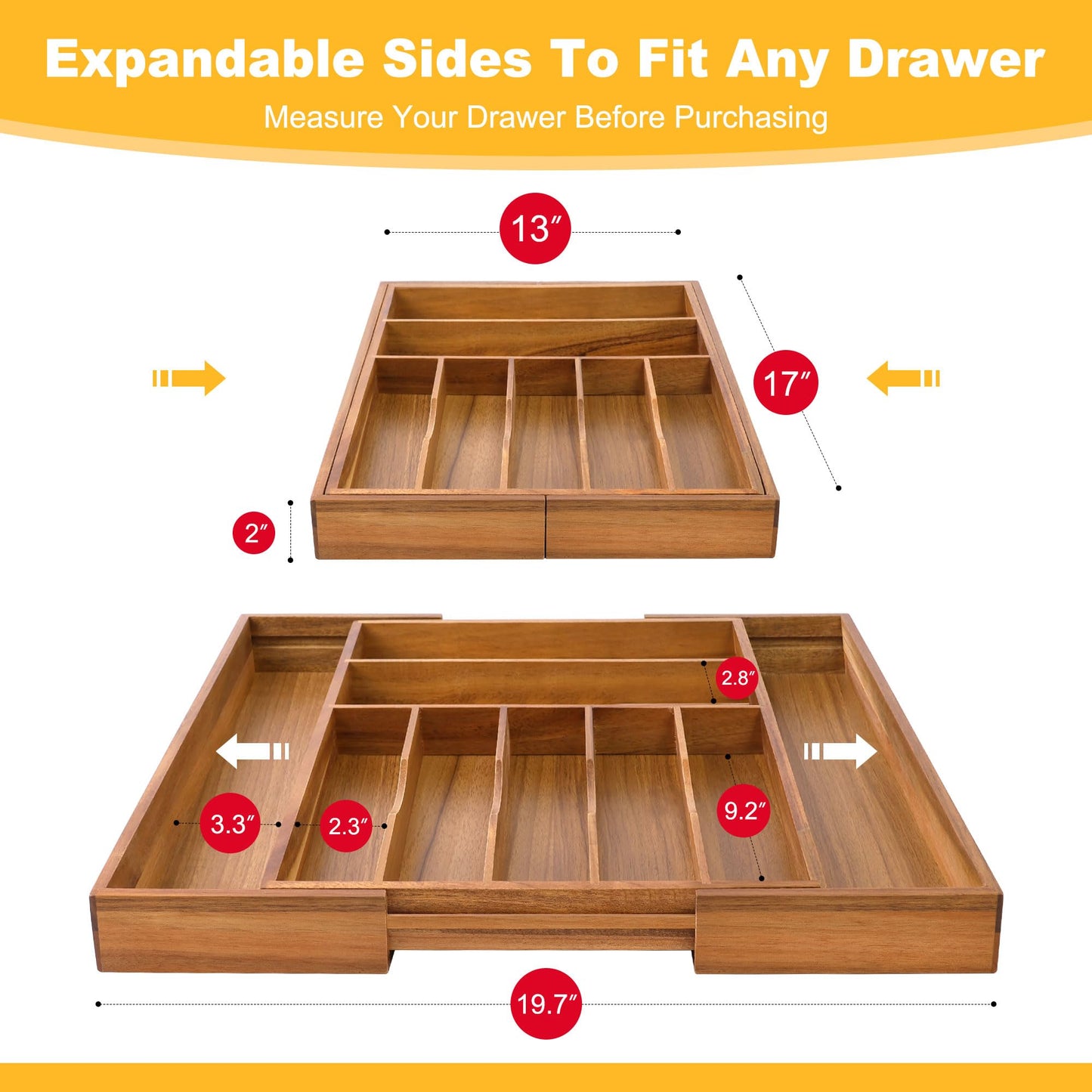 oridom Large Premium Acacia Silverware Organizer - Expandable Drawer Organizer & Utensil Organizer - 17"x19.7" Cutlery Tray with Dividers for Kitchen Utensils and Flatware (7-9 Slots) Acacia