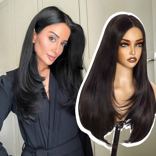 Natural Black Lace Front Wig 26 Inch - 13x4 HD Lace Layered Wigs for Women, Wear and Go Glueless Wigs Pre Plucked Pre Cut Long Straight Syntheic Fiber Pre-styling Hair for Daily