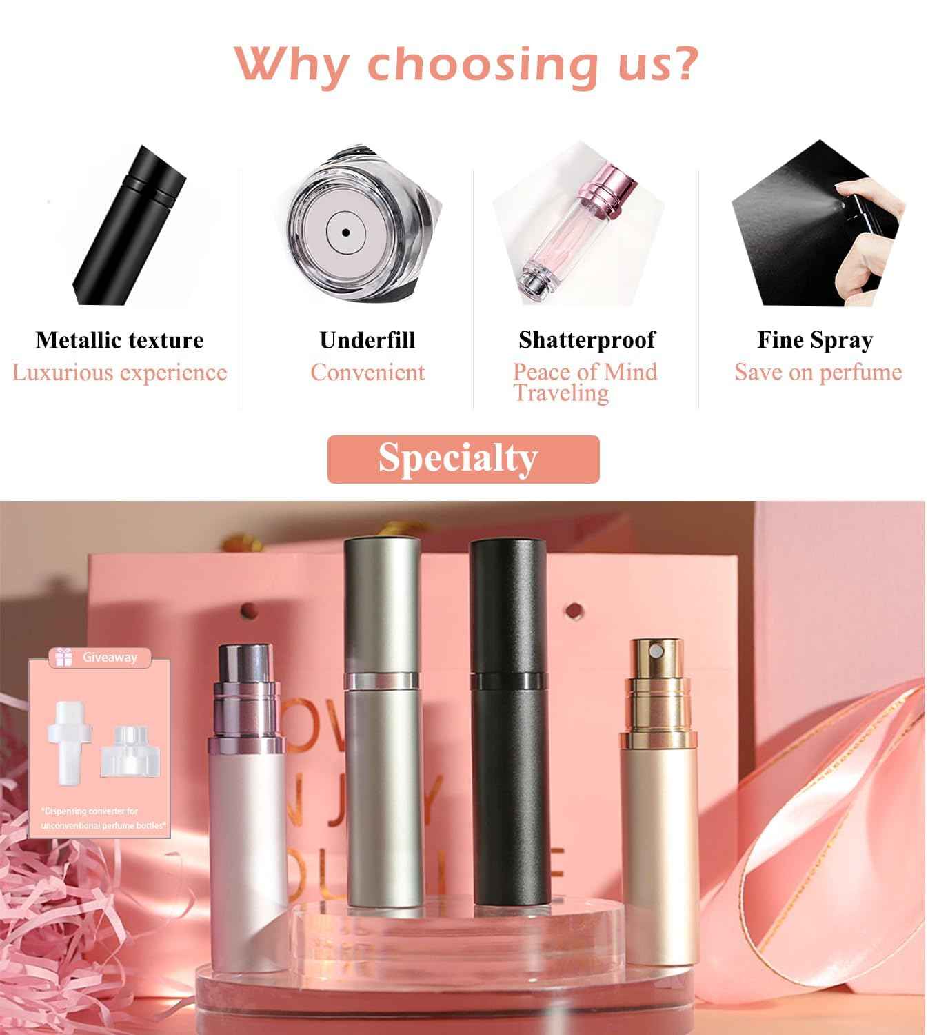 muilsae Perfume Refillable Bottle 5ml Bottom Refill Portable Purse Atomizer, Cologne Travel Perfume Spray Bottle for Outgoing and Traveling (Black + Pink 10ml)