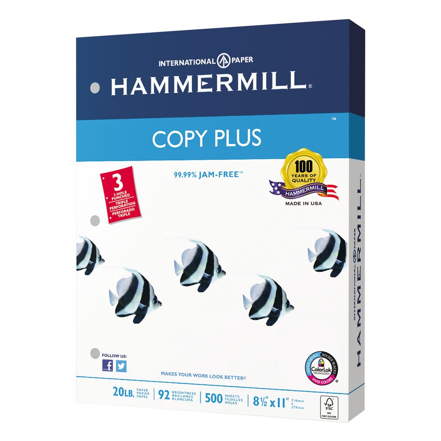 Hammermill Printer Paper, 20 lb Copy Paper, 3 Hole - 10 Ream (5,000 Sheets) - 92 Bright, Made in the USA, 105031C