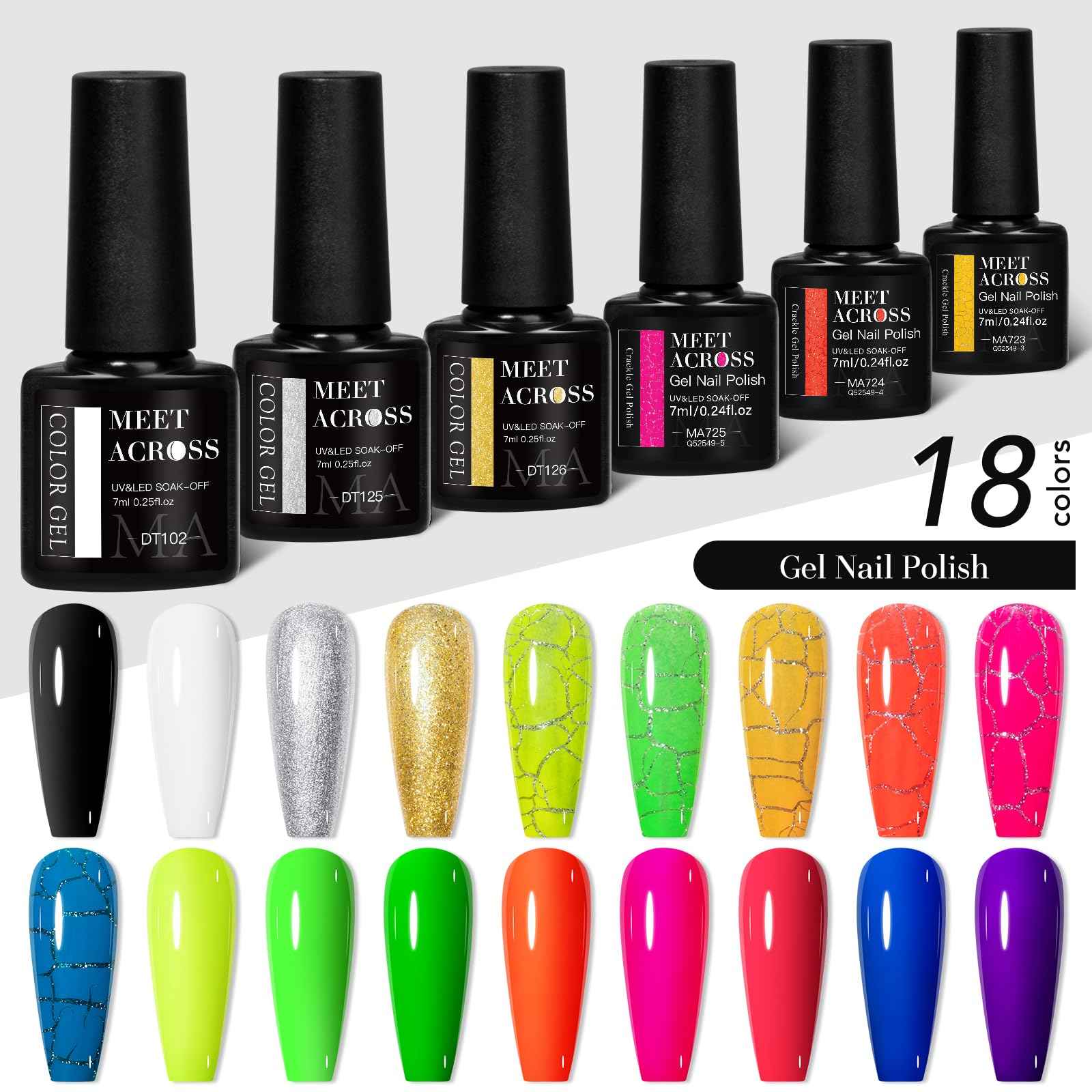 MEET ACROSS Neon Crackle Gel Nail Polish With Black White Sliver Glod Gel+ Glow in the Dark Gel Polish Kit 18Pcs*7ml