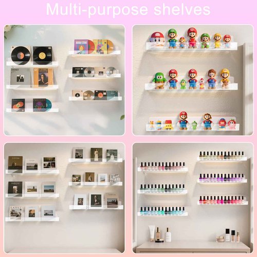 6 Pack Wall Mounted Acrylic Nail Polish Organizer Rack 15 Inch Clear Nail Polish Shelf with Removable Ends Multi-Purpose Shelf for Essential Oils Cosmetics Storage Display for Salon Bathroom