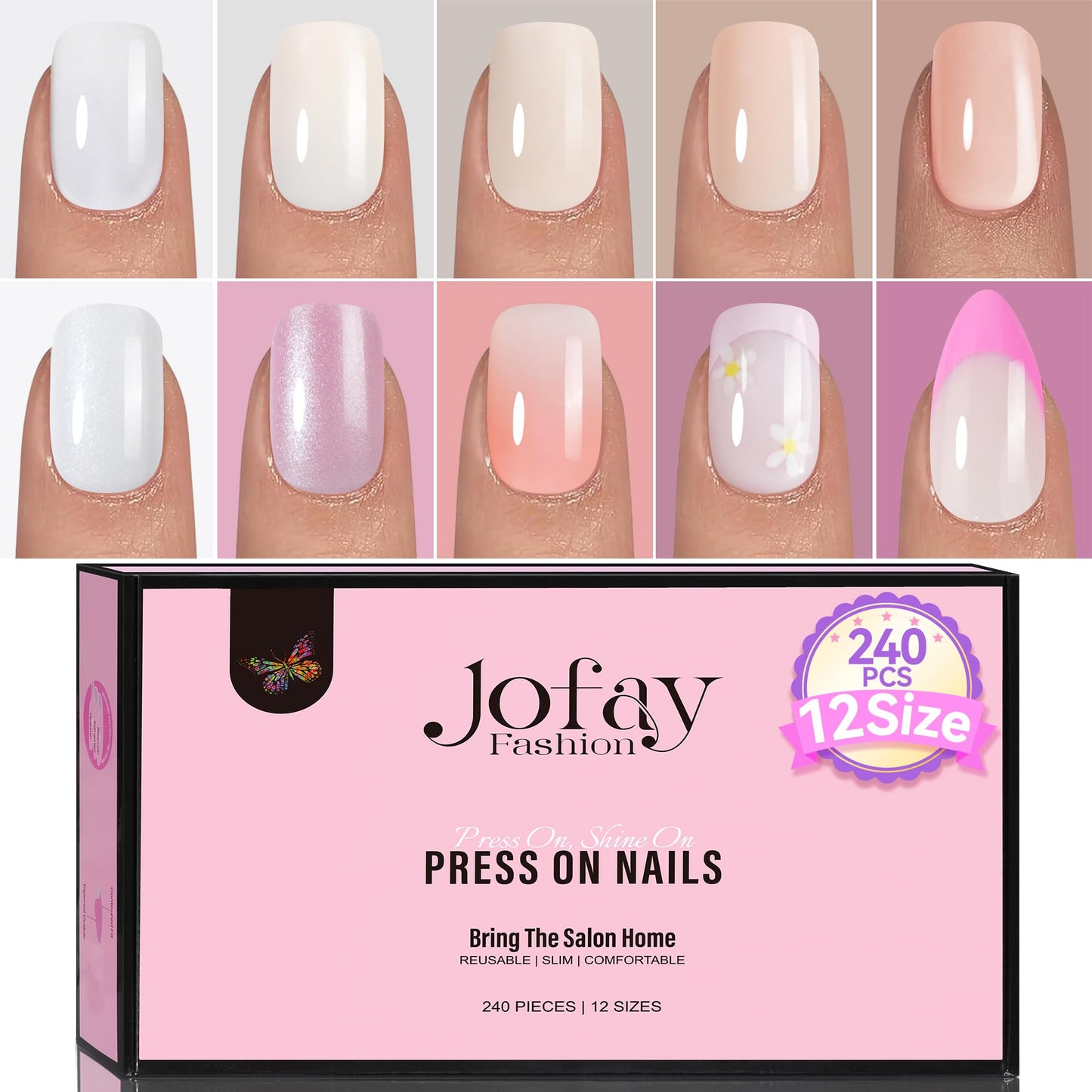 False Nails Tips, Jofay Fashion Solid Color Nails Press on 10 Pack (240 PCS) Press on Nails Short, Short Acrylic Kit Artificial False Nails Glue on Nails Set with 7ml Nail Glue Fake Nails Tips