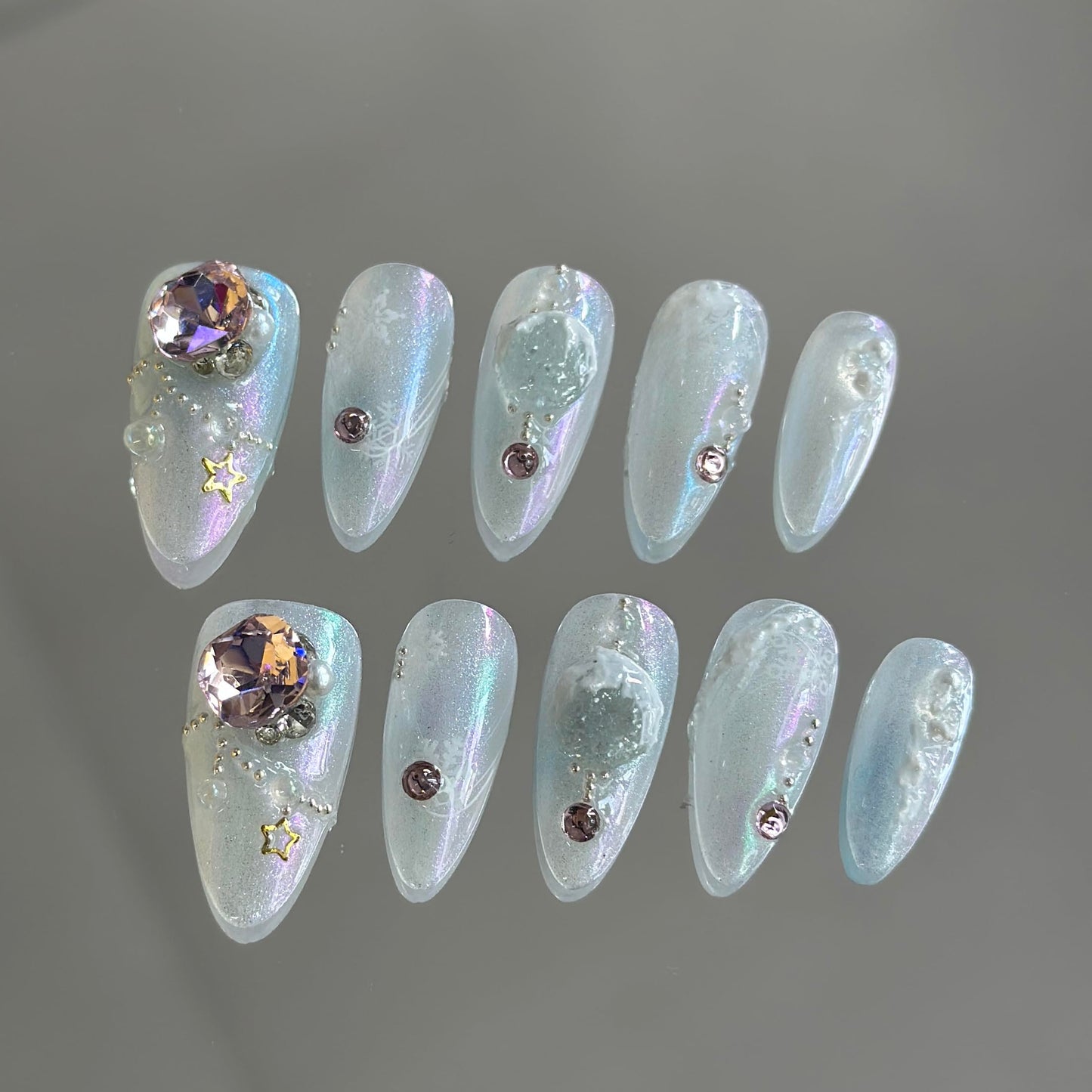 Ricefod Press on Nails Handmade Silver White Almond Fake Nails Press on False Nails Medium Length 10 Pcs Reusable Luxury Nails with Snowflakes and Diamonds Size:Small