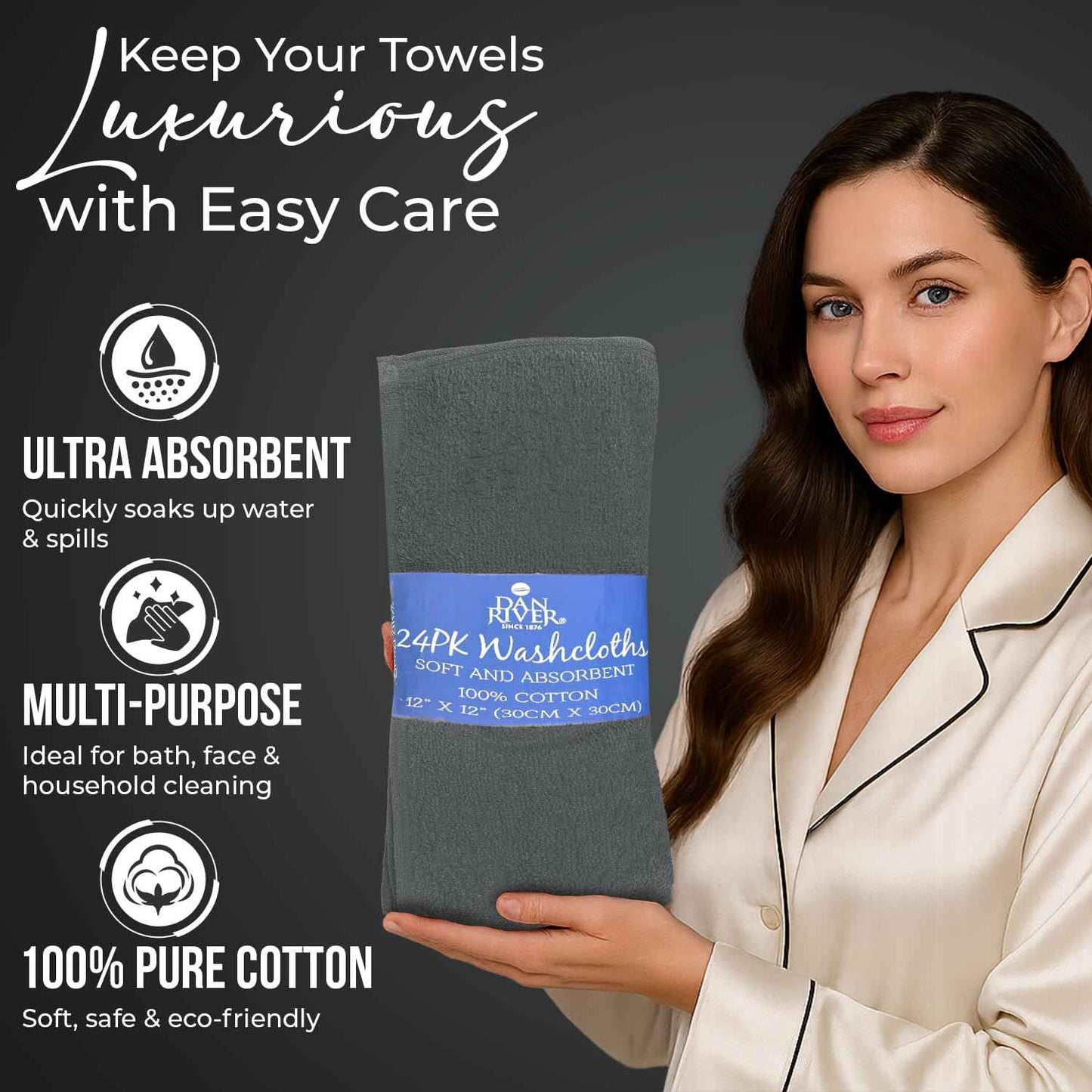 DAN RIVER 100% Cotton Wash Cloths 24 Pack [12x12] Soft & Absorbent face wash Cloth, Gym, Hotels & Spa Perfect for Everyday Use Fingertip Towels, Gray