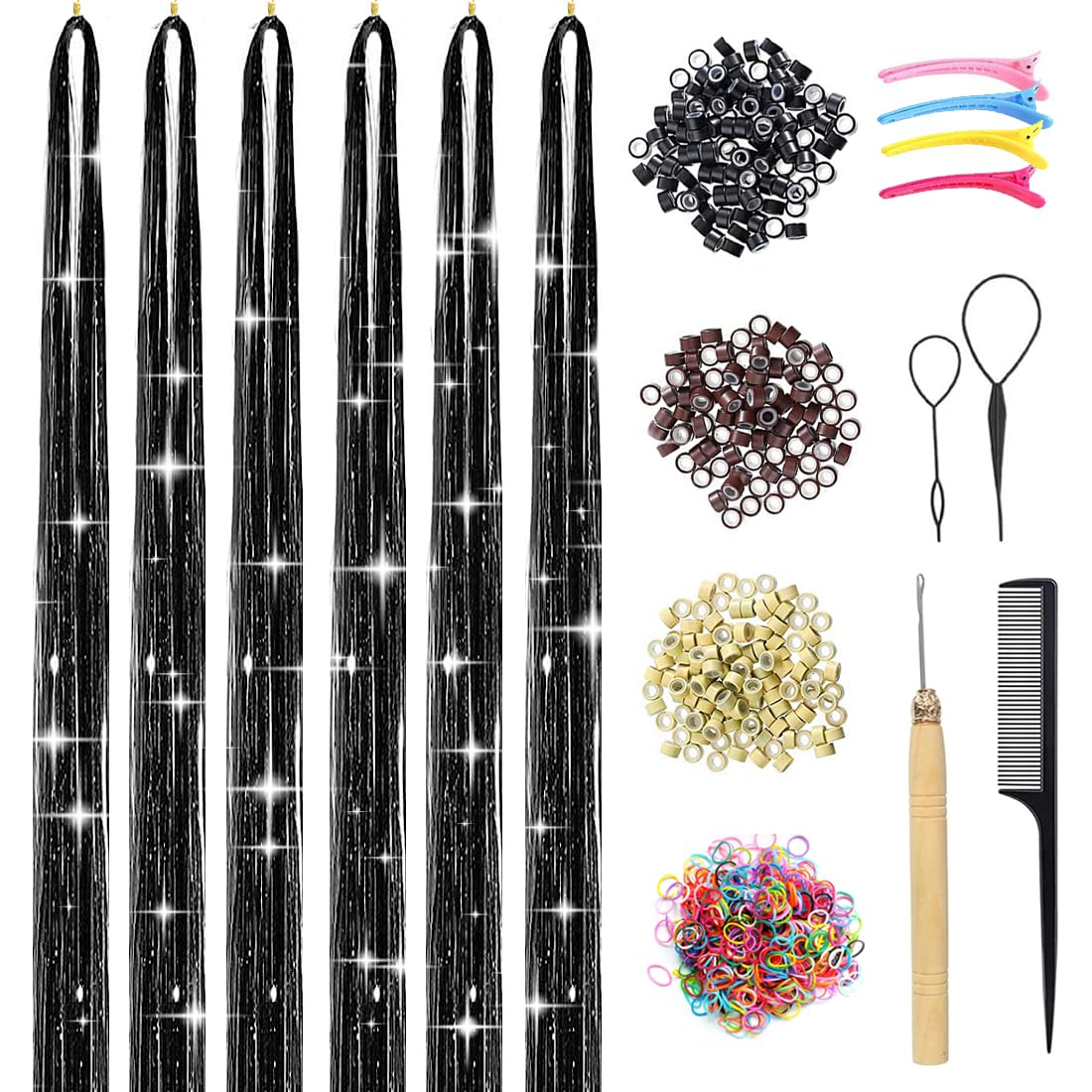 USHUIUS Hair Tinsel Kit With Tools Black Tinsel Hair Extensions 6Pcs 1200 Strands Fairy Hair Tinsel Heat Resistant Glitter Hair Extensions Sparkling Shiny Hair Tensile for Women Girls Kid (Black 6Pcs)