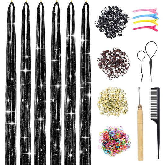 USHUIUS Hair Tinsel Kit With Tools Black Tinsel Hair Extensions 6Pcs 1200 Strands Fairy Hair Tinsel Heat Resistant Glitter Hair Extensions Sparkling Shiny Hair Tensile for Women Girls Kid (Black 6Pcs)