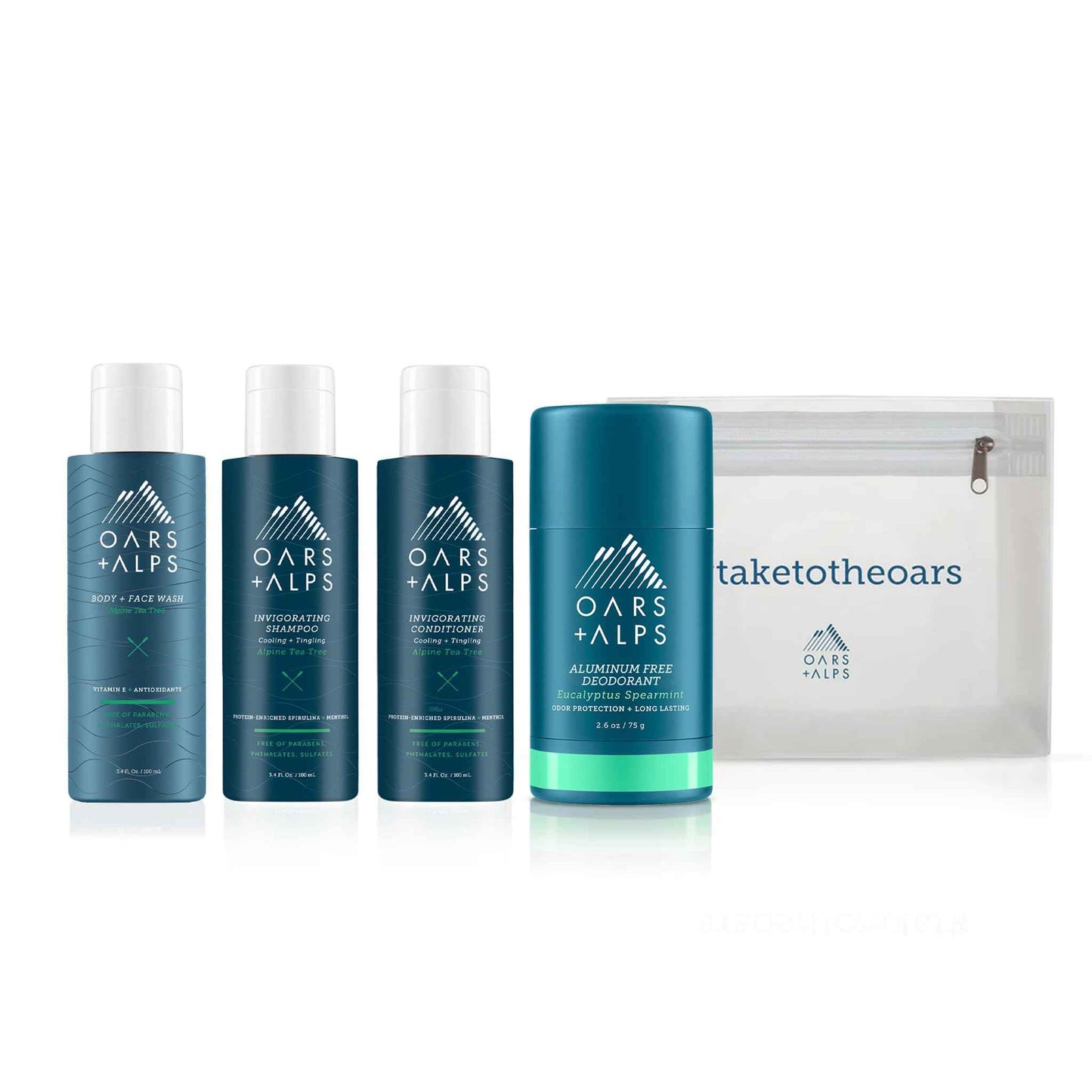 Oars + Alps Hair and Body Travel Kit for Men, Includes Sulfate Free Shampoo, Conditioner, Body Wash, Deodorant, and Reusable Pouch, TSA Friendly, Alpine Tea Tree Scent