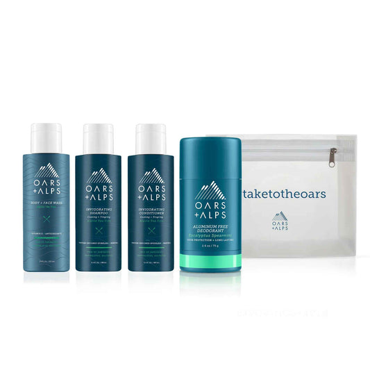 Oars + Alps Hair and Body Travel Kit for Men, Includes Sulfate Free Shampoo, Conditioner, Body Wash, Deodorant, and Reusable Pouch, TSA Friendly, Alpine Tea Tree Scent