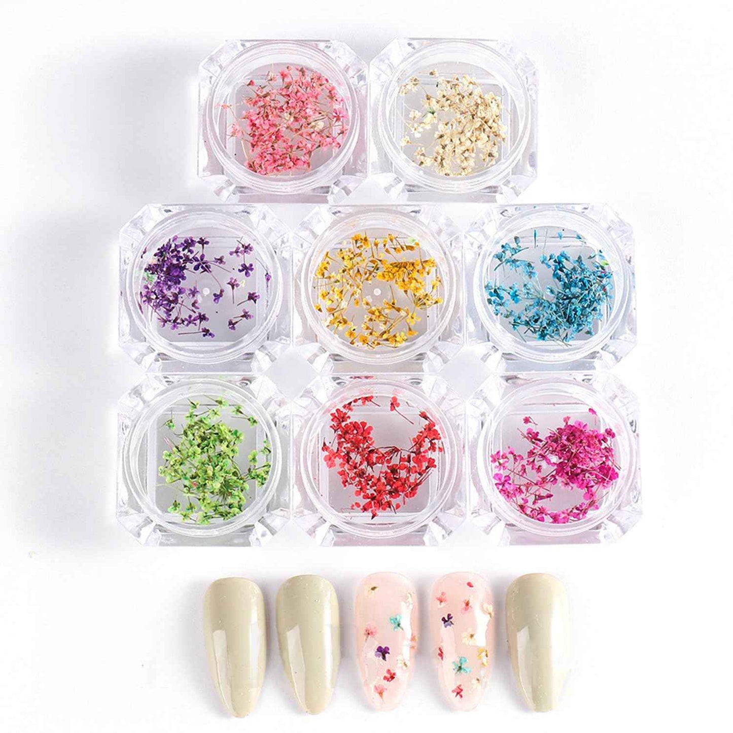 SILPECWEE 8 Boxes Dried Flowers for Nails Mini Real Nail Flowers 3D Dried Flowers Nail Stickers Nail Decor Manicure Design Nail Decorations for Makeup DIY Craft Accessories