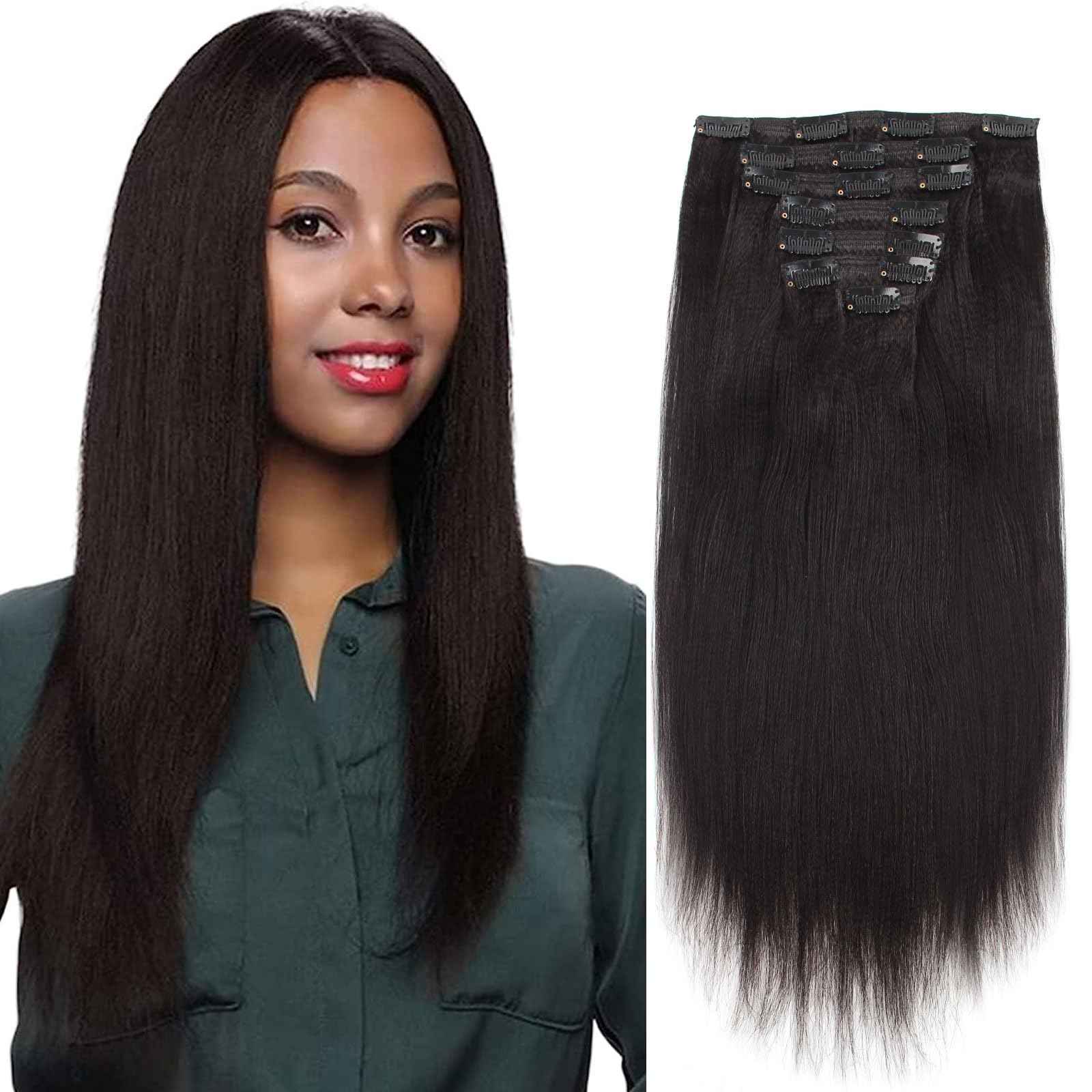 ABH AmazingBeauty Hair Yaki Straight Clip Ins Human Hair Extensions for Black Women Natural Black Light Yaki Clip ins 7 Pieces 120 Gram Per Set, 12 Inch