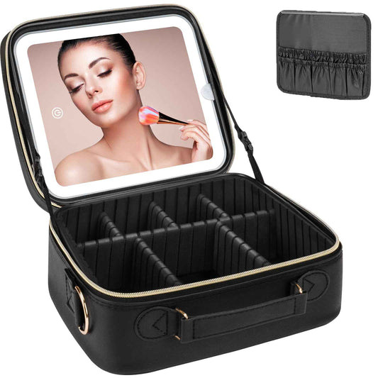 iFalarila Makeup Bag with LED Mirror, [3 Color and Stepless Dimmable] Rechargeable LED Light for Makeup Bag Train Case with Brushes Storage Organizer, Travel Box Cosmetic Bag for Women - Black